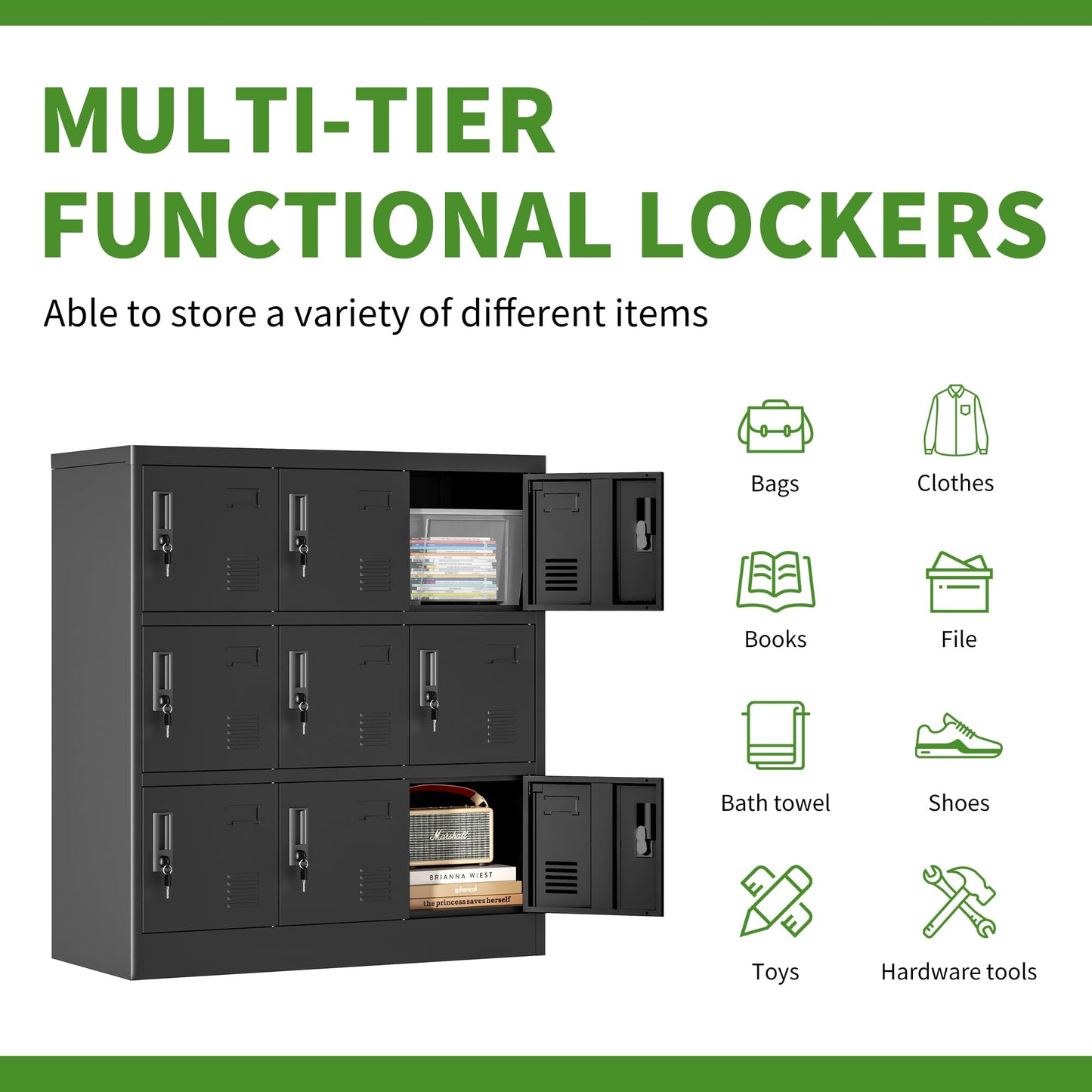 Yukimo 9 Door Metal Locker, Storage Lockers for Employees, Steel Storage Locker with Lock and Card Slot, Employee Lockers for Home, Office, School, Gym, Require Assembly(Black)