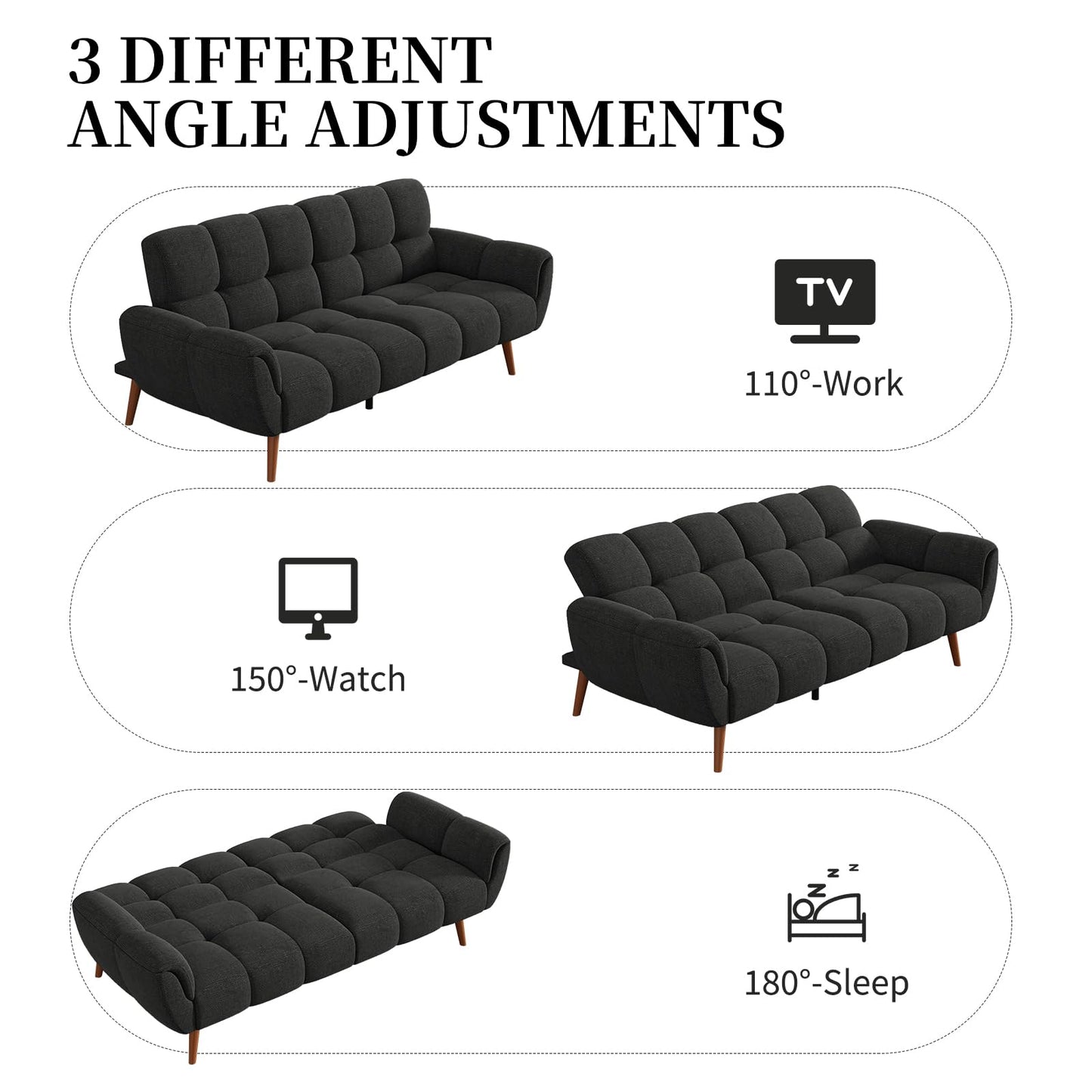 saows Futon Sofa Bed, Convertible 77" Modern Linen Futon Couch, Comfy Sleeper Sofa with Adjustable Backrests, Couch Bed for Small Spaces, Living Room, Bedroom, Apartment, Dark Gray