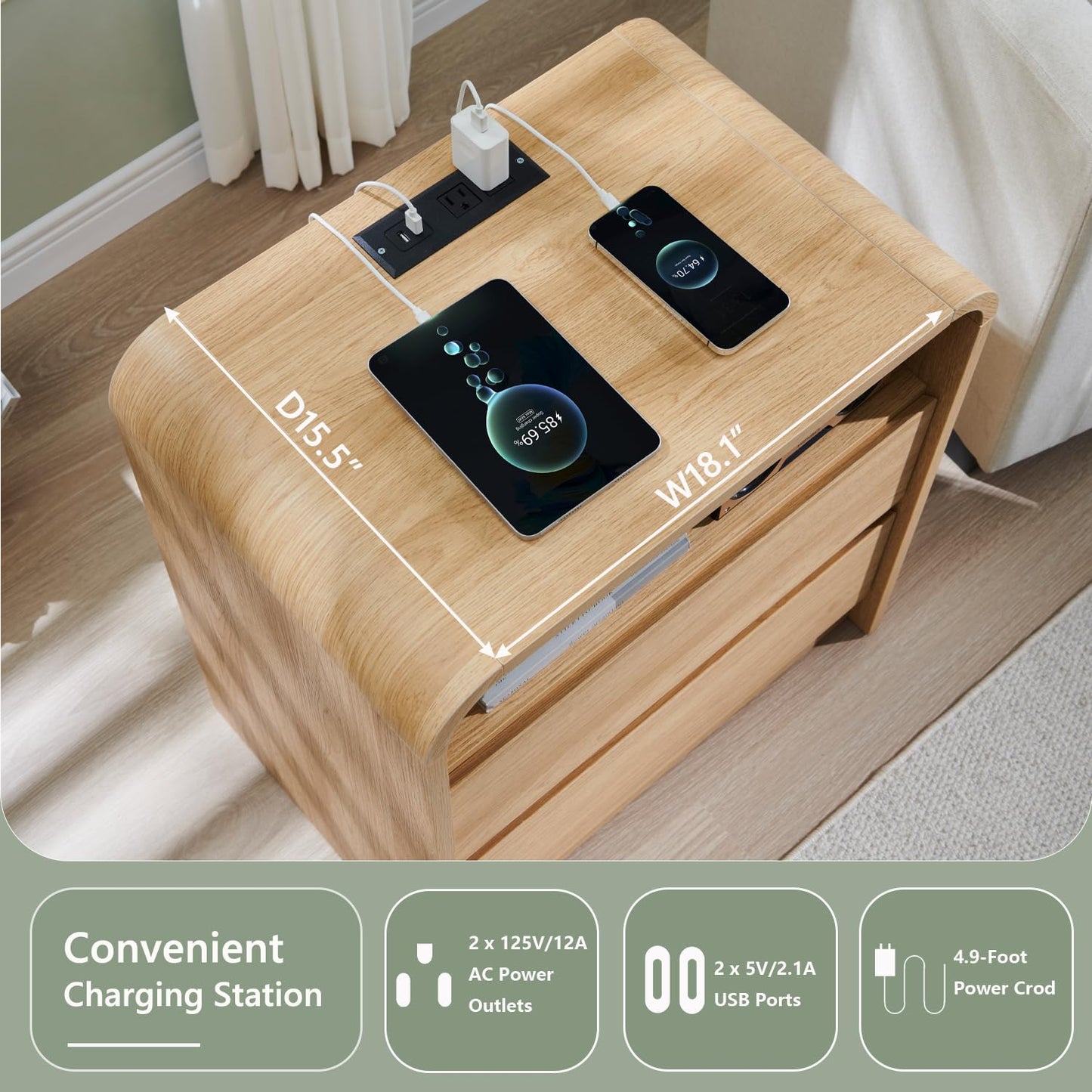 Aitjunz 25" Tall Modern Nightstand Set of 2, 23.6'' Wide Wood Bedside Table w/2 Storage Drawers, Charging Station, Mid Century End Table for Bedroom, Living Room,Curved Profile Design, Natural Oak
