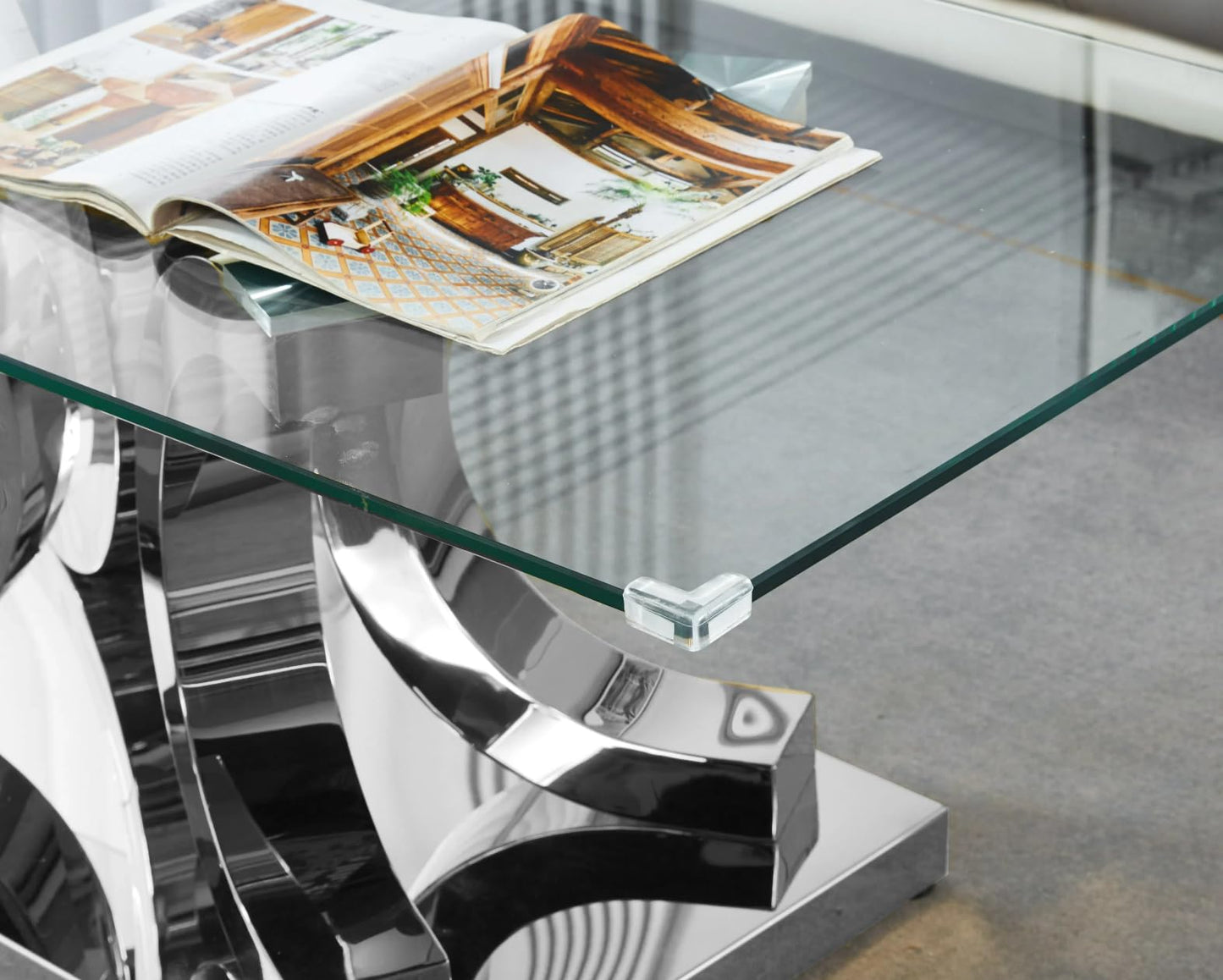 Glass Coffee Table with Silver C-Shaped Stainless Steel Base, Modern 47" Rectangular Center Table Clear Glass Top Accent Cocktail Tea Table for Living Room Bedroom Home Office