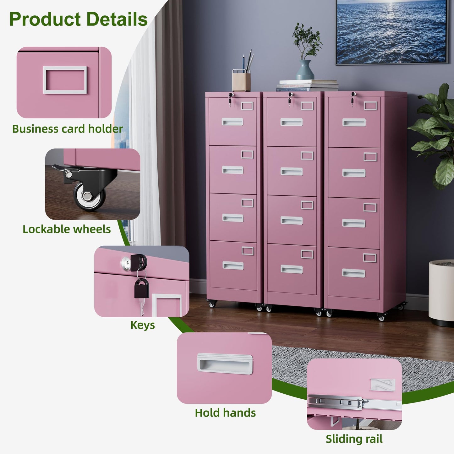 Aobabo File Cabinet 4 Drawer with Wheels, Lockable Office Metal Filing Cabinet with Name Card for Office and Home,Assembly Required,Pink