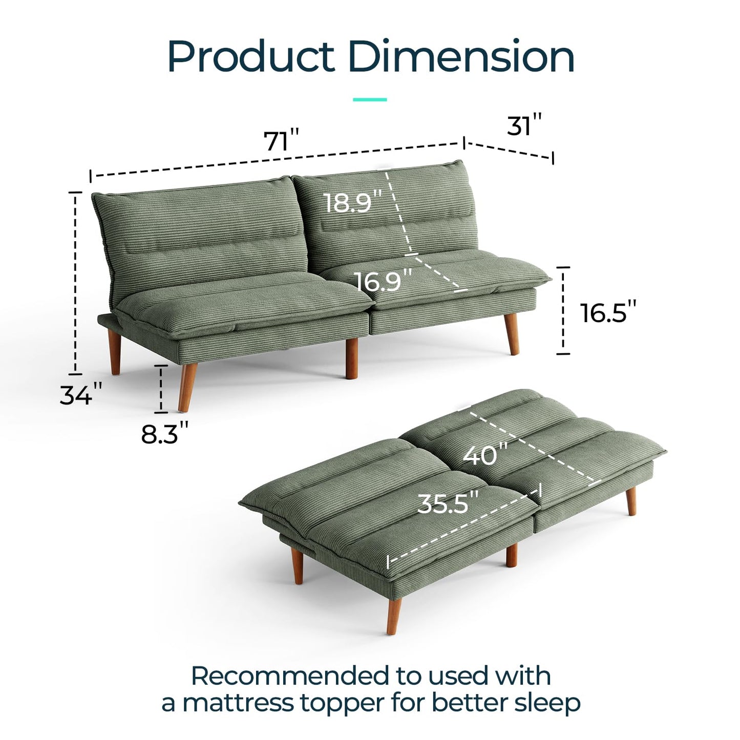 LINSY HOME Futon Sofa Bed - Convertible Corduroy Futon Couch Bed with Adjustable Backrest, Modern Small Loveseat Sleeper Sofa for Small Spaces, Living Room, Apartment or Office (Green)