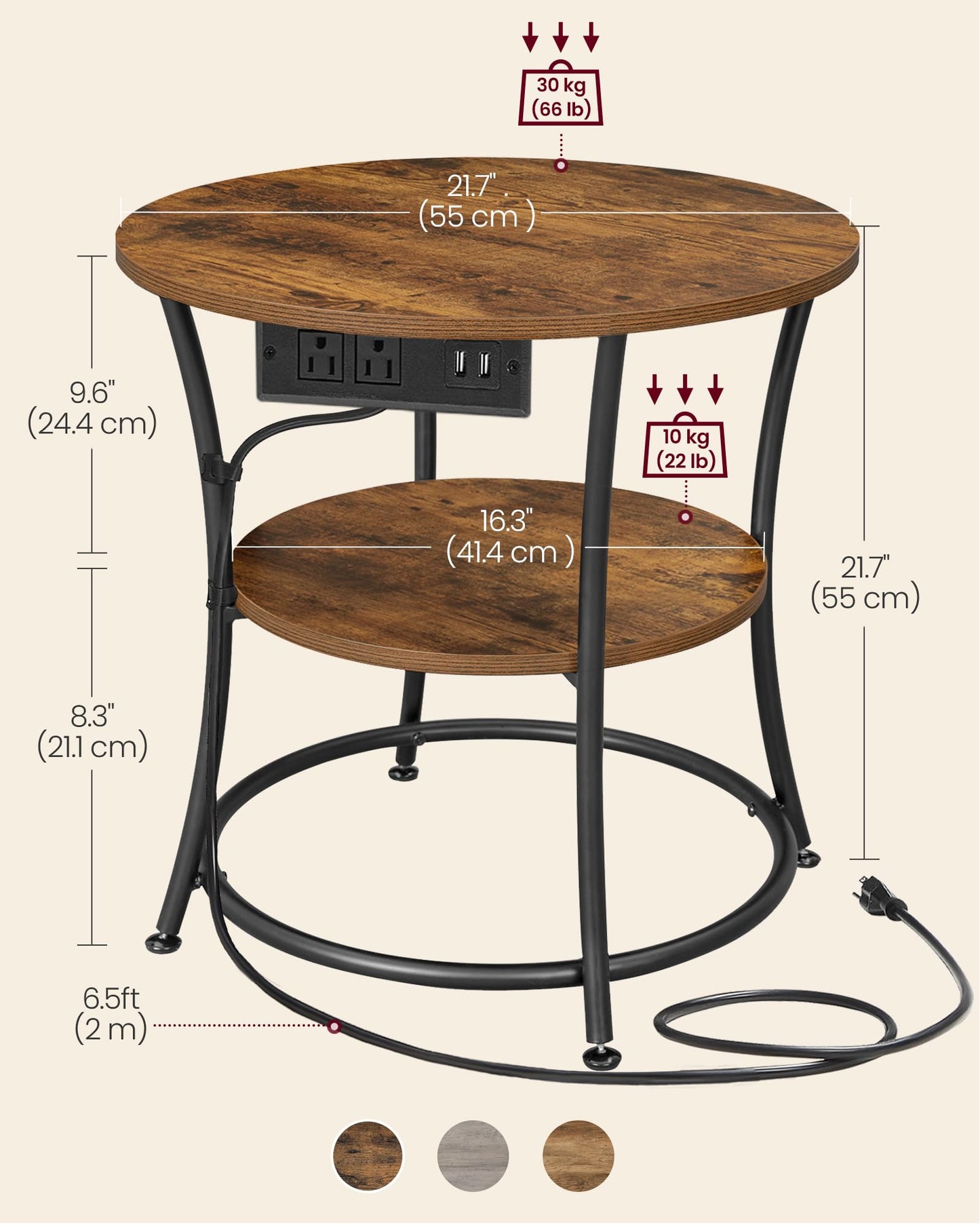 VASAGLE Side Table, 2-Tier Round End Table with Power Outlets, Nightstand with Steel Frame for Small Spaces, Living Room, Bedroom, Rustic Brown and Ink Black ULET077K01