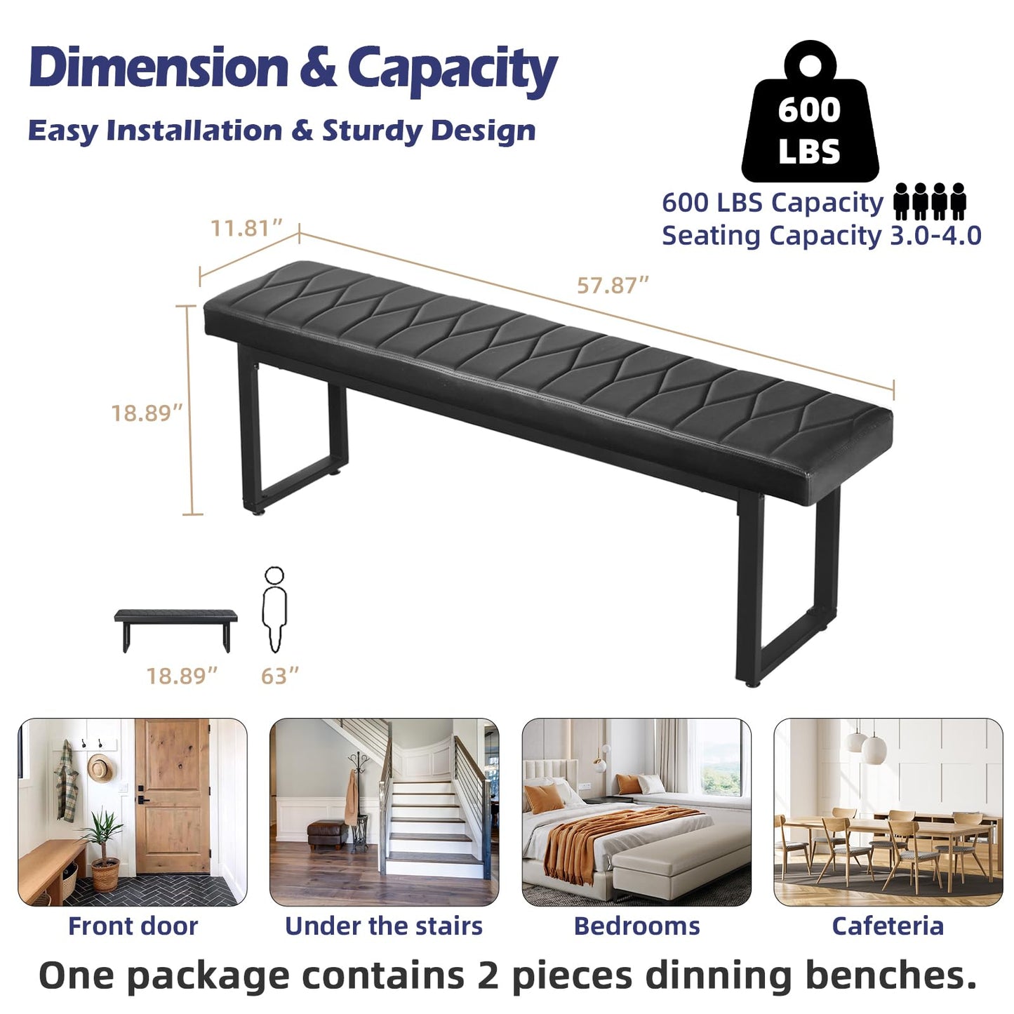 STHOUYN 58” Padded Dining Table Bench Pair of 2 for 6-8 Person, Faux Leather Indoor Cushioned Extra Long Bench for Dining Room Table, Bedside Shoe Entryway Benches (Black, 58")