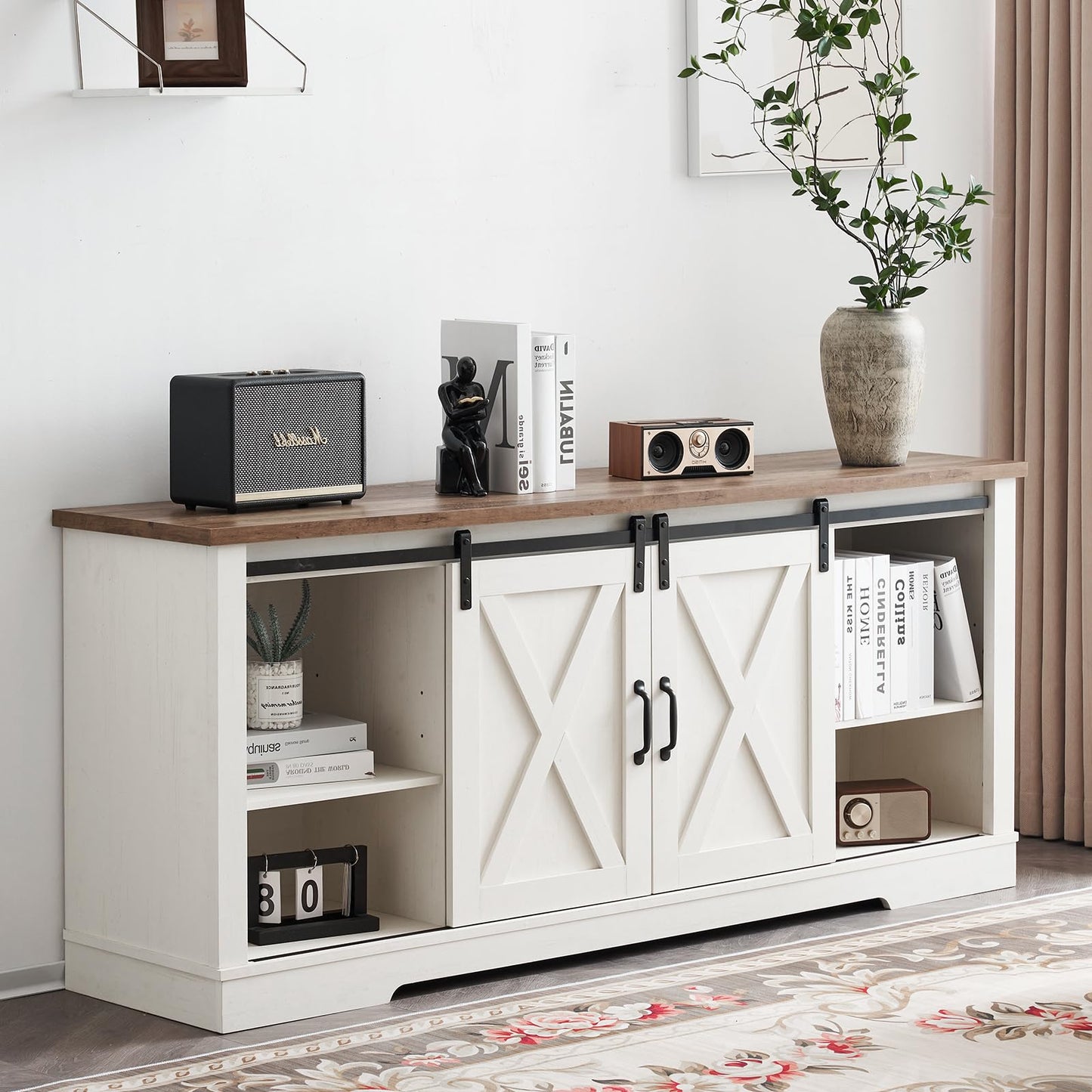AMERLIFE 4-Piece Farmhouse Table Set Includes Sliding Barn Door TV Stand, Coffee Table& Two End Tables, Side Table with Charging Station and USB Ports, for Living Room, Distressed White, 66"