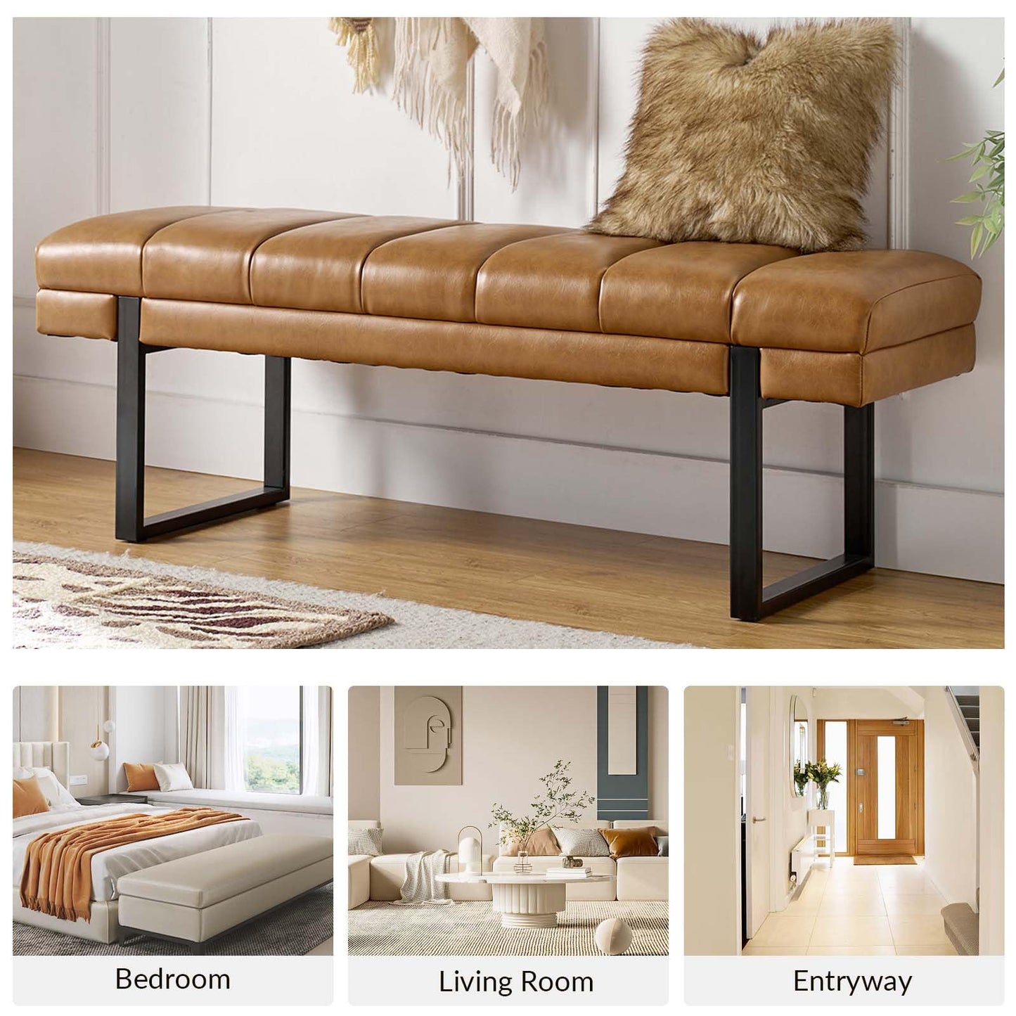HULALA HOME 53" Faux Leather Entryway Bench, Button Tufted End of Bed Bench Ottoman for Bedroom, Living Room with Metal Base,Camel