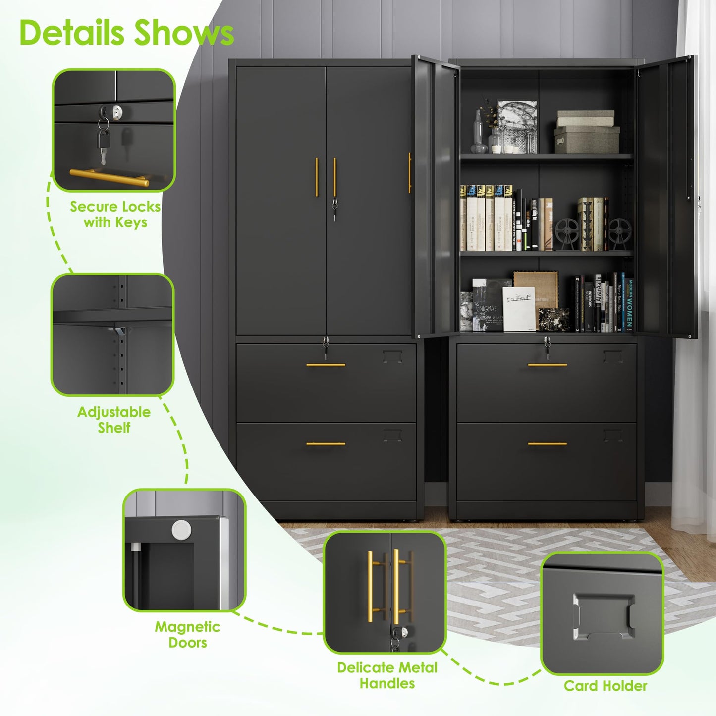 Reemoon Office File Cabinet with 2 Drawers,Metal Filing Cabinet with Doors for Home Office School for Hanging Letter/Legal/F4/A4 Size Folders,Required Assembly,Black