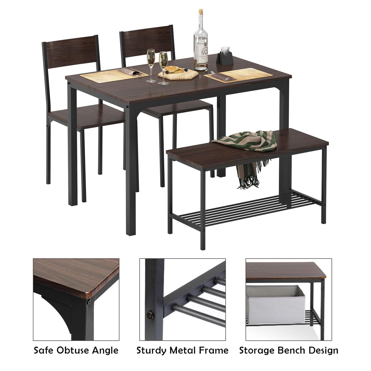 soges Dining Table Set for 4, 43.3 inch Kitchen Table Set with Chairs and Bench, 4 Piece Dining Room Table Set for Small Space, Apartment, Restaurant, Rustic Oak