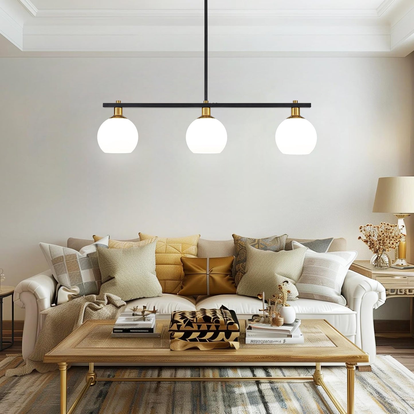 Black and Gold Chandeliers for Dining Room Chandelier Over Table 3-Light Kitchen Island Lighting with Glass Shades Linear Pendant Lighting Fixture Modern Island Lights for Kitchen Table Foyer Bar