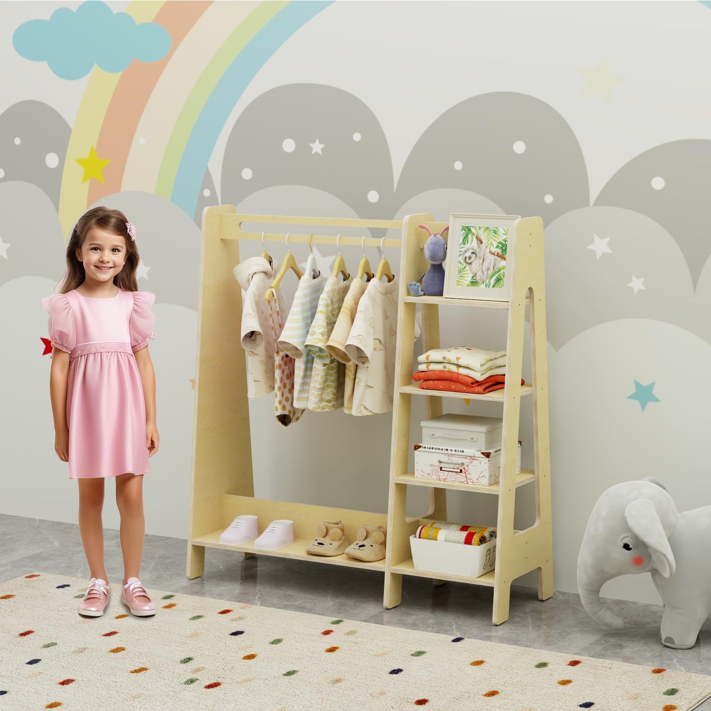 Kids Dress Up Storage with Mirror, Kids Closet with 5 Hanger and Stickers, Opening Hanging Costume Closet Wardrobe for Boys and Girls