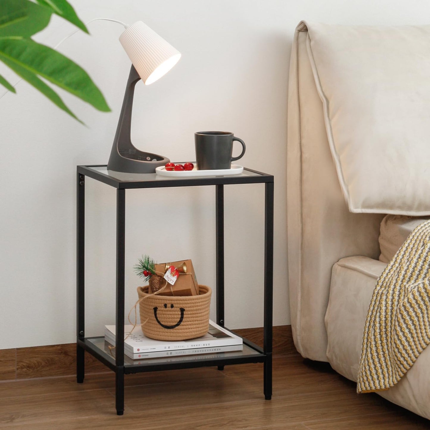 Gawicpy Modern 2-Tier Tempered Glass End Table - Stylish Black Metal Side Table for Small Spaces, Perfect for Living Room & Bedroom (Black, 2PCS)