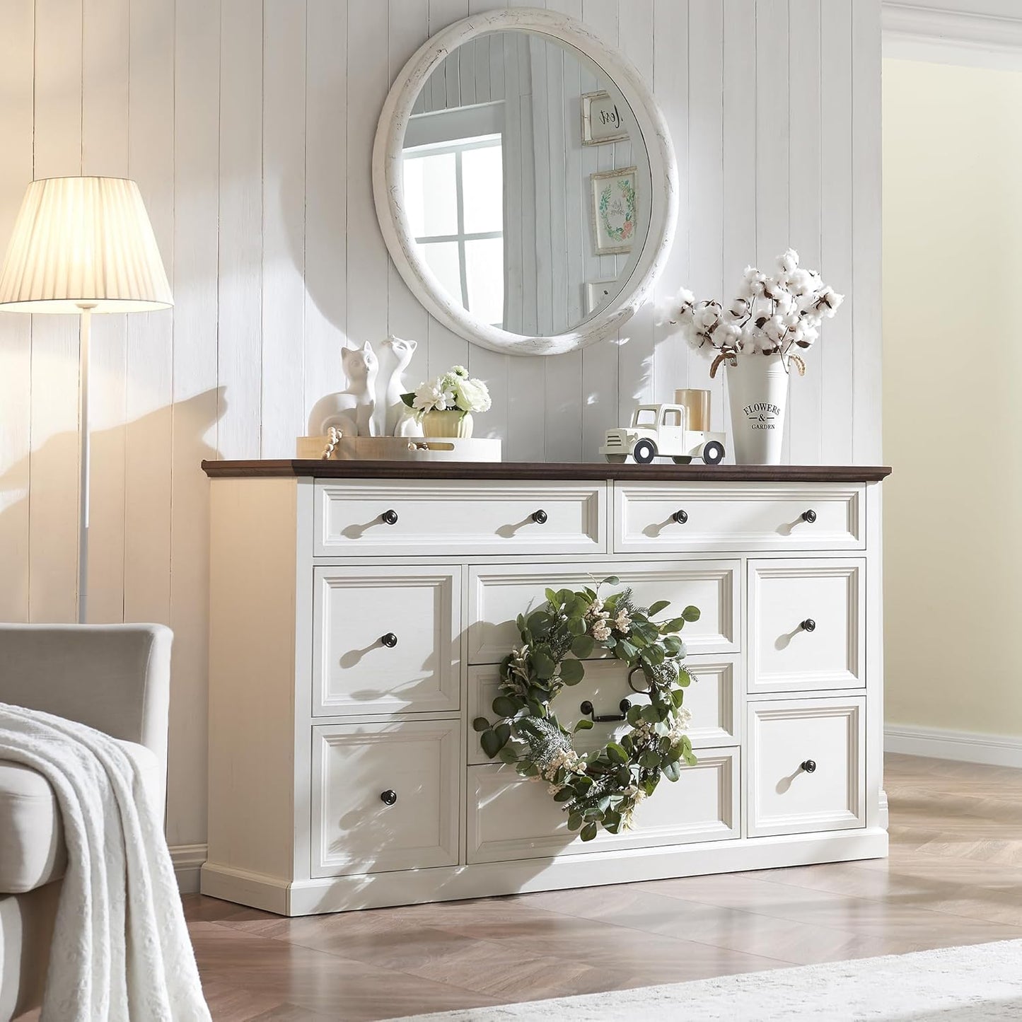 IFGET Farmhouse 9 Drawers Dresser for Bedroom, 60" Wide Wood Rustic Chest of Drawers, Large Storage Dressers Organizer for Bedroom, Living Room, Hallway, Dining Room-White