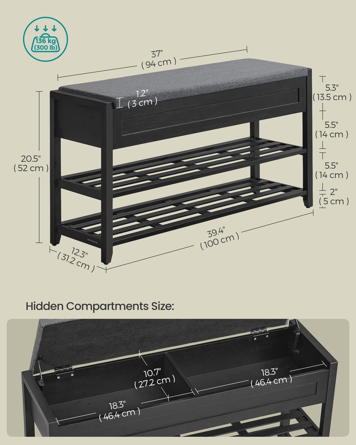 SONGMICS Storage Bench, Bamboo Shoe Rack, Entryway Furniture, 39.4 Inches Wide, Hidden Storage Compartments, 2-Tier Shoe Shelves, for Entryway, Living Room, Bedroom, Dorm, Ink Black ULSB059B01