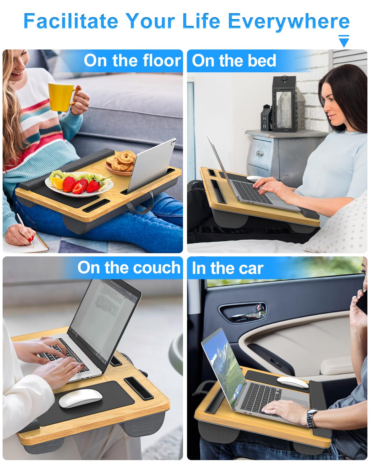 HETTHI Laptop Lap Desk, Portable Large Laptop Desk for Bed, Up to 17 in Lap Table with Wrist Rest, Mouse Pad, Tablet Phone Slot, Portable Handle, Cushion (Light Brown)