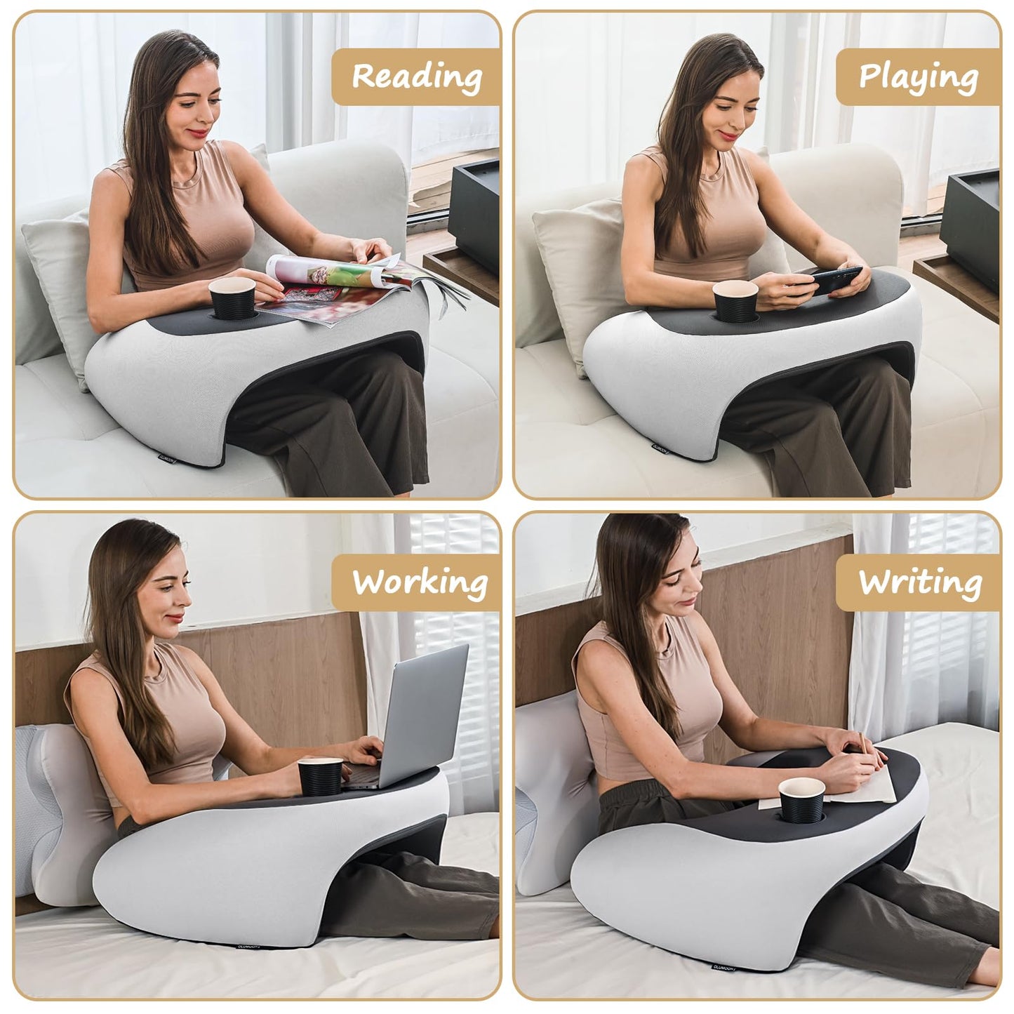 Olumoon Reading Pillow, Lap Desk Pillow for Adult, Memory Foam Gaming Pillow for Arm Support, Arm Rest for Working, Crocheting, Playing Game or Siting in Bed, Floor, Sofa (Grey)