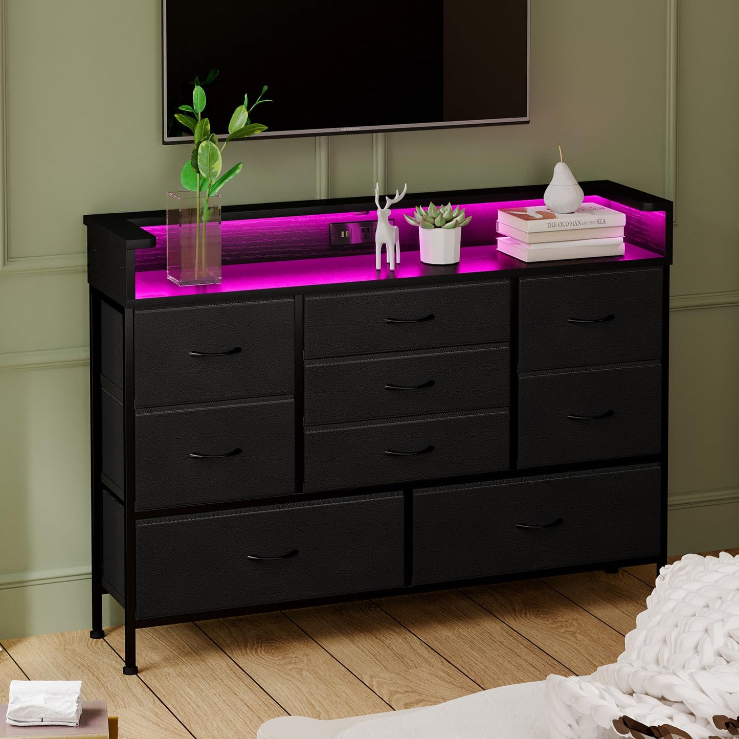 Fixwal Black Dresser for Bedroom with 9 Storage Drawers and Charging Station, Fabric Chest of Drawers for Kid Room, Entryway, Boy Bedroom