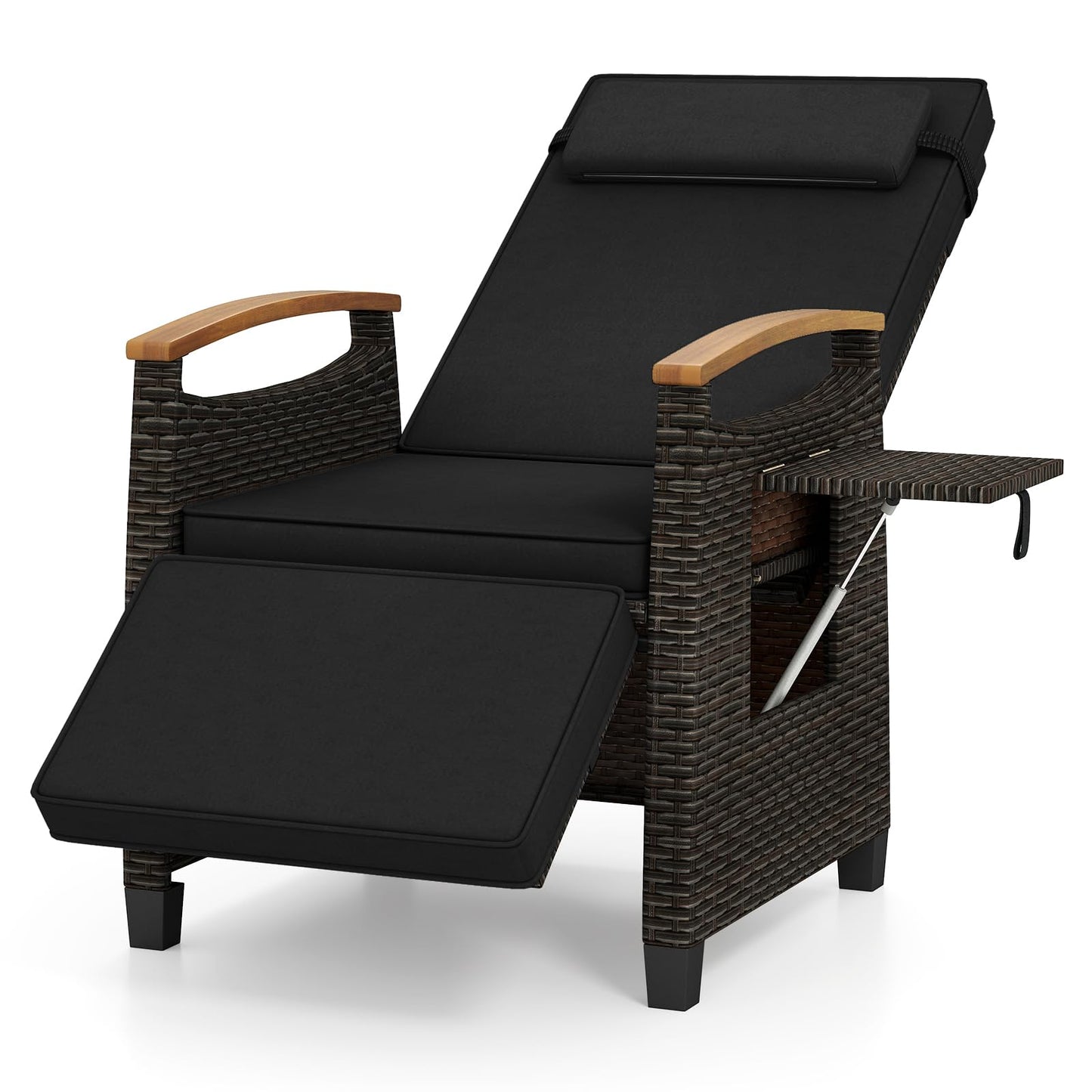 HAPPYGRILL Outdoor Rattan Wicker Chaise Lounge Recliner Chair with Adjustable Backrest & Footrest, Push Back Outside Seat w/Cushion & Flip Table for Backyard, Porch, Balcony (Black,1)