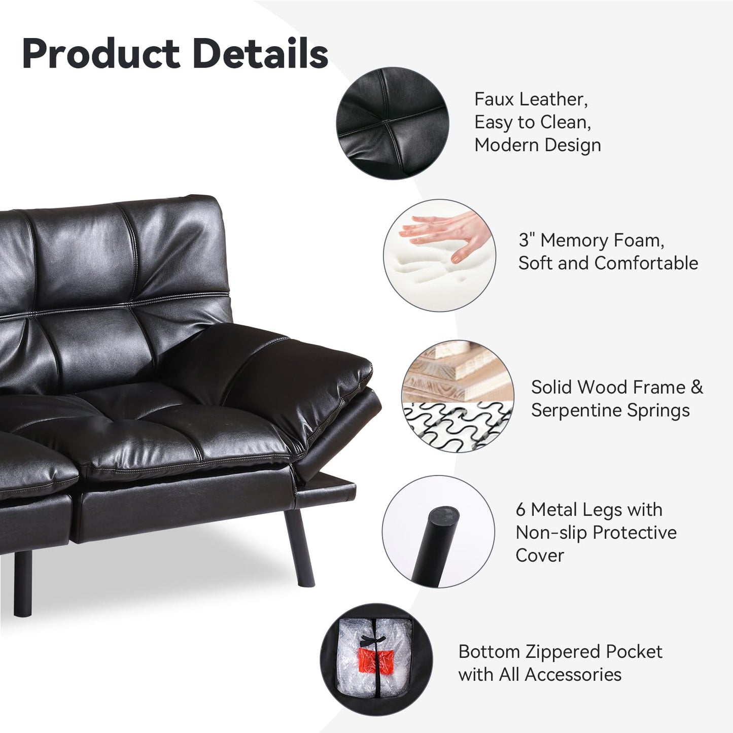 AMICLIBER 71" Convertible Futon Sofa Bed,Faux Leather Futon Couch Bed,Memory Foam Sleeper Sofa,Modern Folding Small Loveseat for Living Room,Office,Apartment,Bright Black