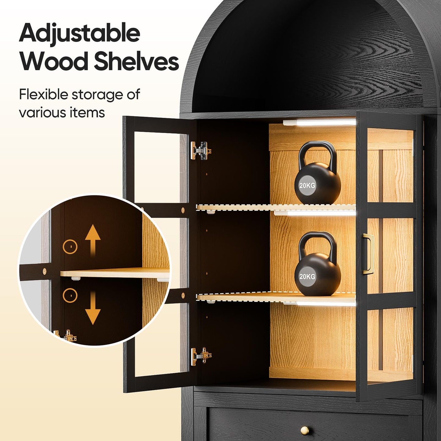 OTDMEL 71" Display Arched Storage Cabinet with Glass Doors & Auto Sensor LED Lights, Tall Modern Black Storage Cabinets with Drawers and Adjustable Shelves for Dining Room/Bathroom/Kitchen/Office
