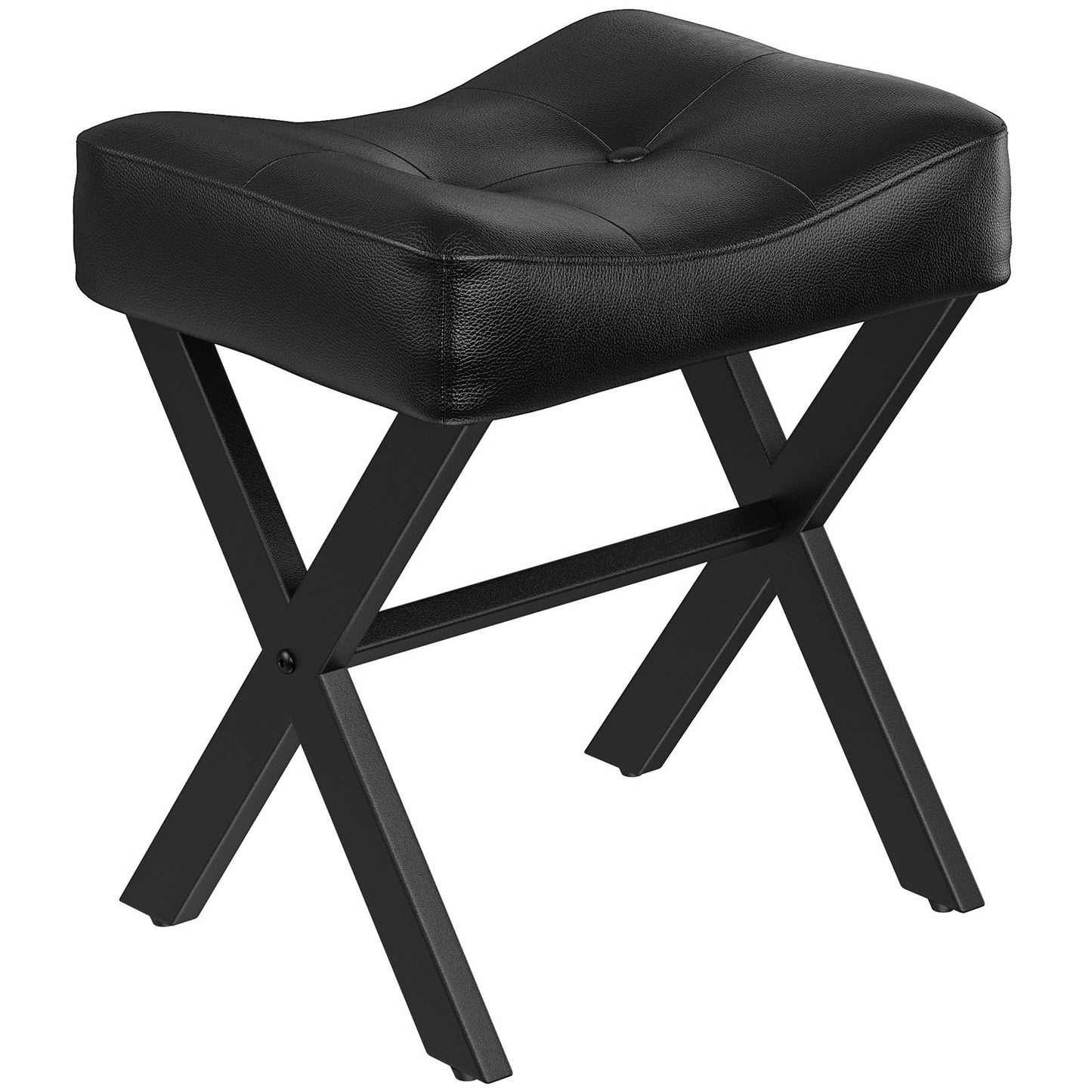 Memobarco 18-Inch Leather Vanity Stool Chair, Vanity Bench with Metal X-Leg, Ottoman Foot Stool with Thick Padded Saddle Seat, Black