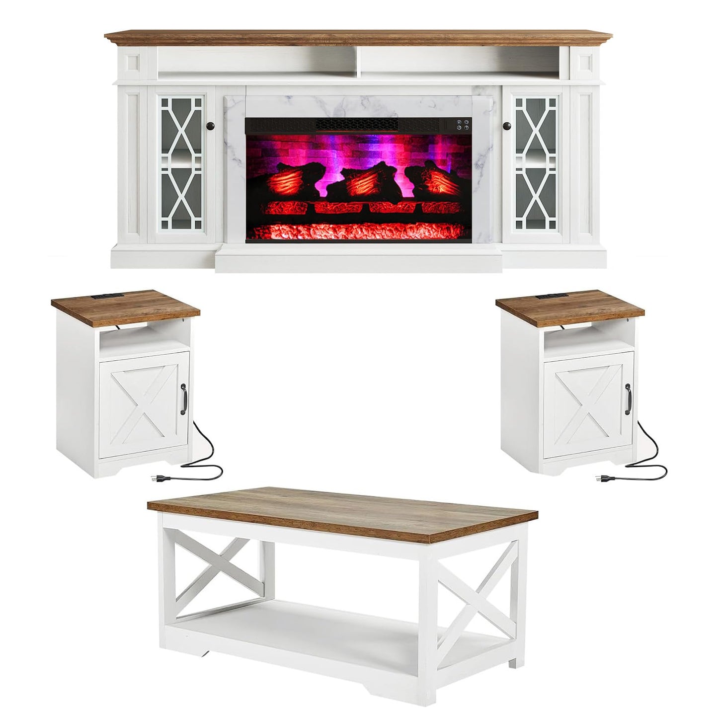 AMERLIFE 4 Pieces Living Room Table Sets, 70" Farmhouse TV Stand with 33" Electric Fireplace, Coffee Table & 2 End Tables with Charging Station and USB Ports, Living Room, White & Barnwood