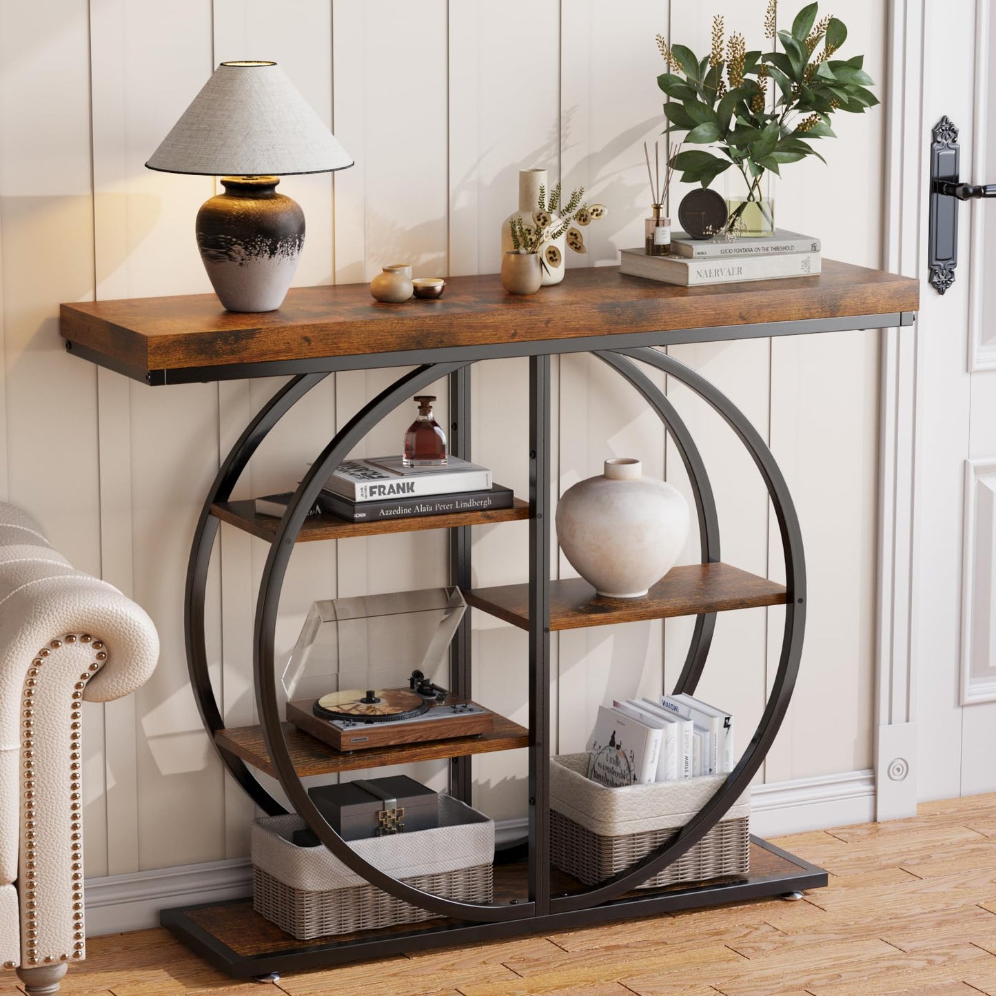 LIFECHOVY 41.3" Console Table for Entryway, Industrial Hallway Sofa Table with Storage Shelves, Narrow Accent Decor Living Room Furniture with Circle Base for Foyer, Entrance, Rustic Brown