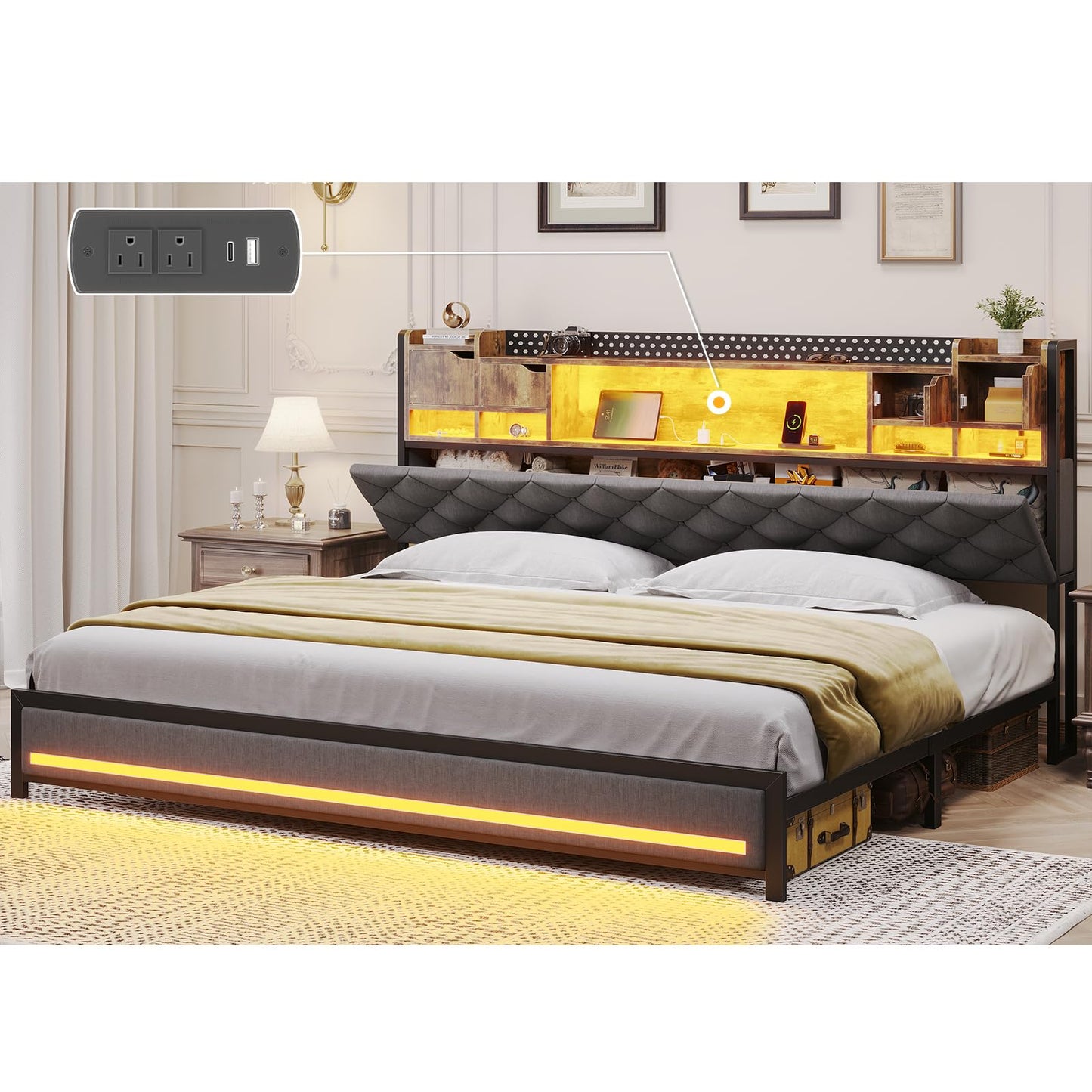 busyaeh King Size Bed Frame with Upholstered Storage Headboard, King Bed Frame with Smart LED Lights, Camas King Bed with Charging Station,Noise-Free, Metal Support, No Box Spring Needed, Gray