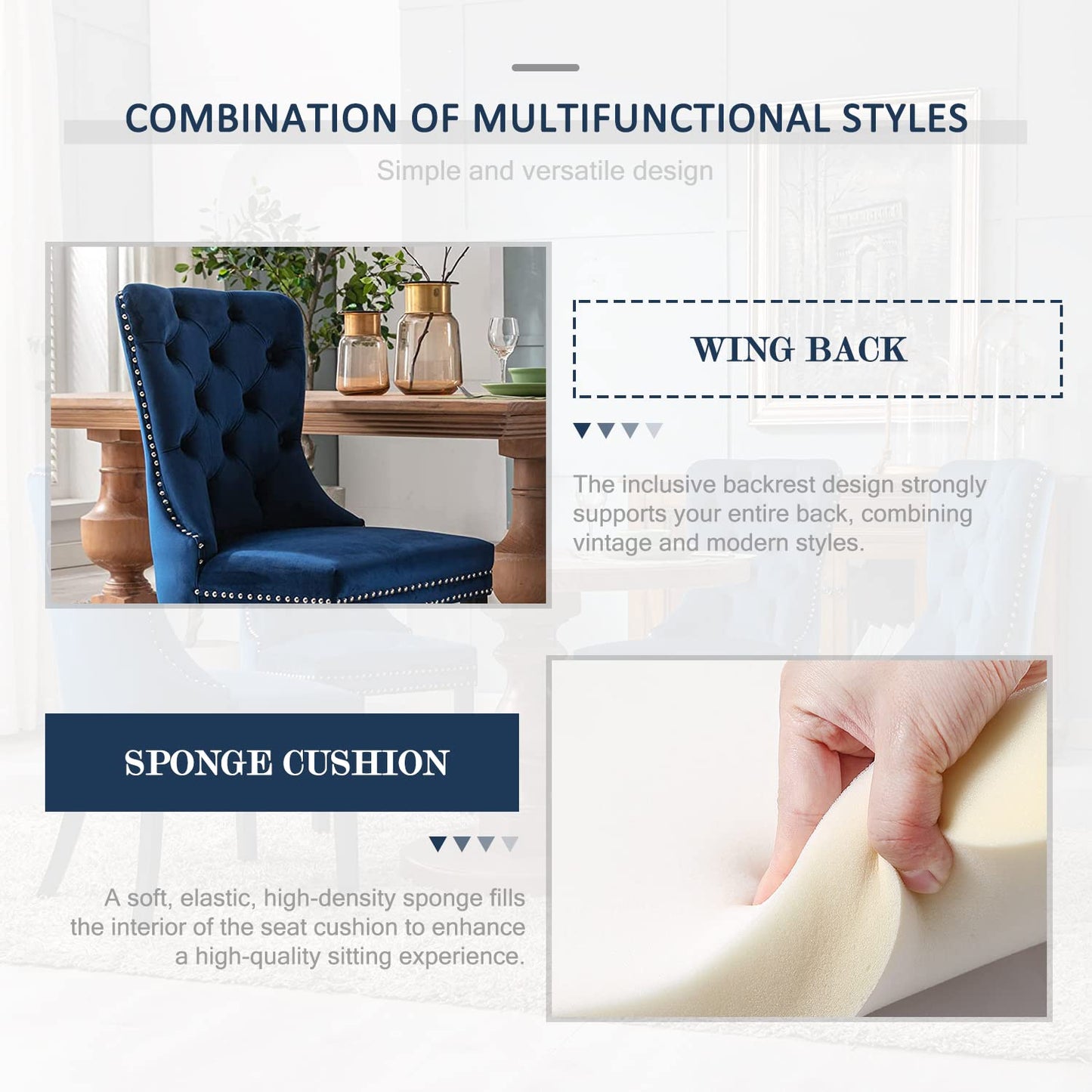 Eifizek Velvet Dining Chairs Set of 4, Tufted Dining Room Chairs with Nailhead Ring Pull Trim, Upholstered Dining Chairs with Solid Wood Legs for Kitchen Dining Room, Sillas De Comedor (Blue)