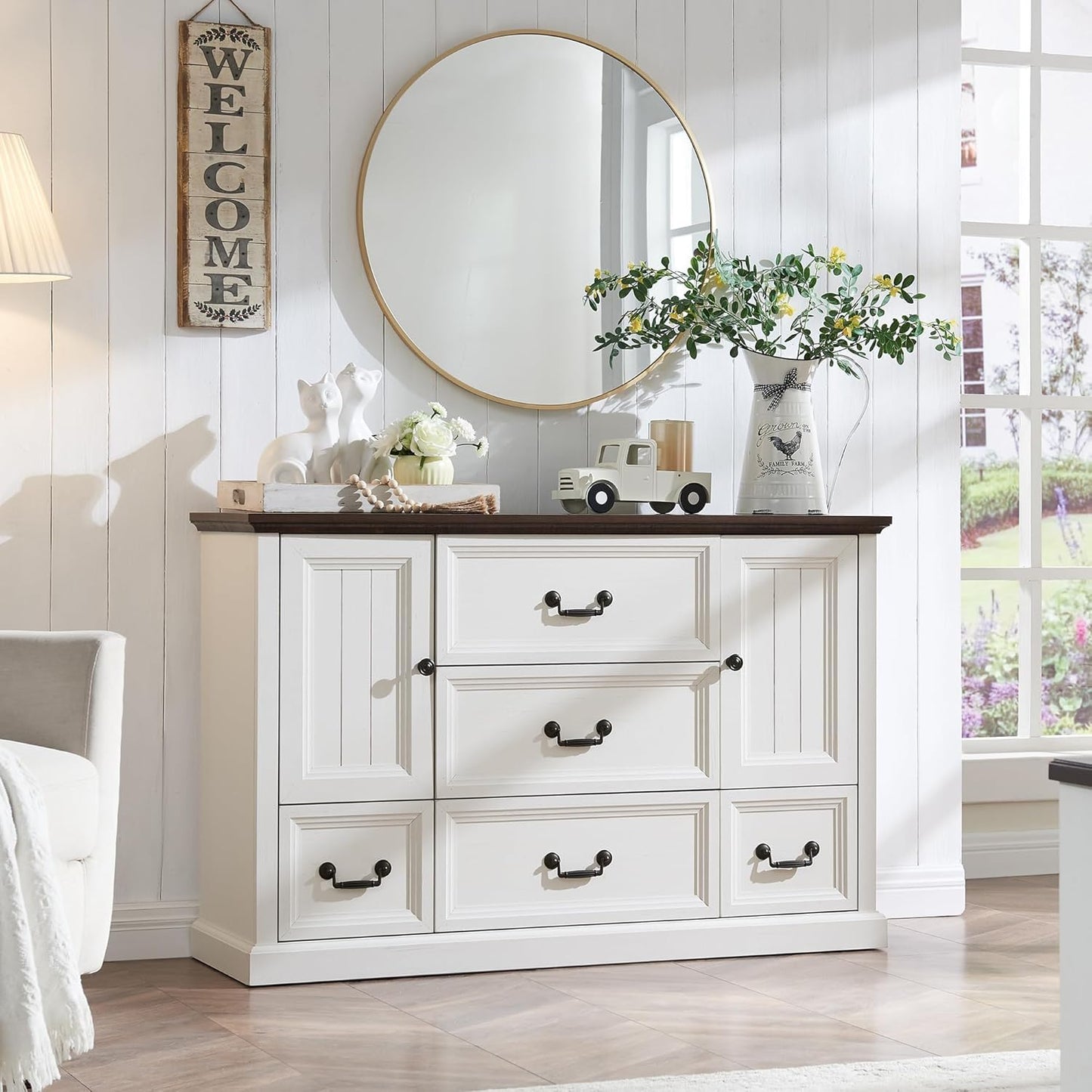 IFGET Farmhouse 5 Drawers Dresser for Bedroom, Wood Rustic Storage Organizer Closet Chest, Chest of Drawers w/Groove Barn Door&Shelf for Closet, Living Room, Dining Room, Hallway-White