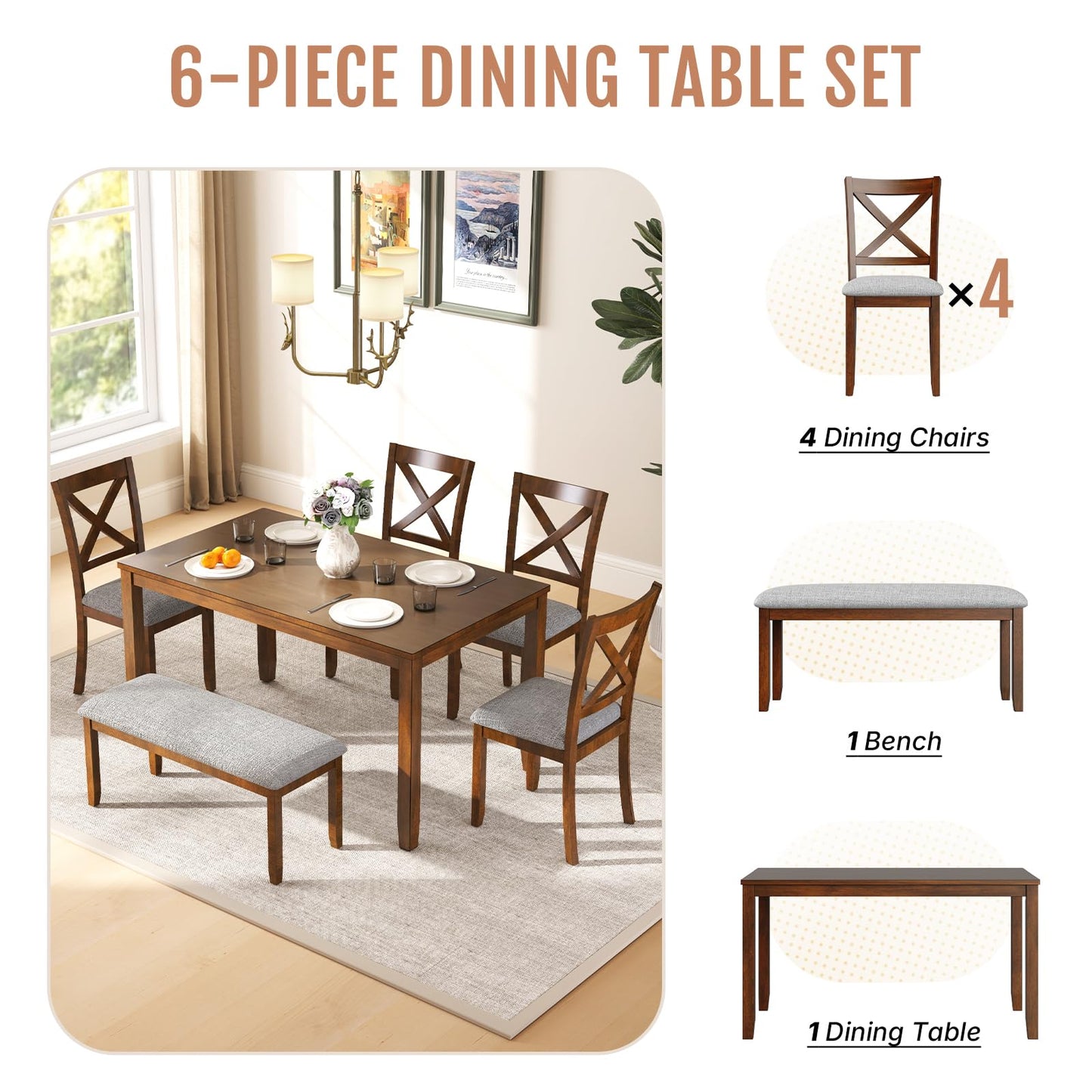 Zevemomo 6-Piece Solid Wood Dining Table Set, Including 1 Dining Table, 4 Upholstered Chairs and 1 Bench, Wooden Dining Table Set for Kitchen, Dining Room, Walnut