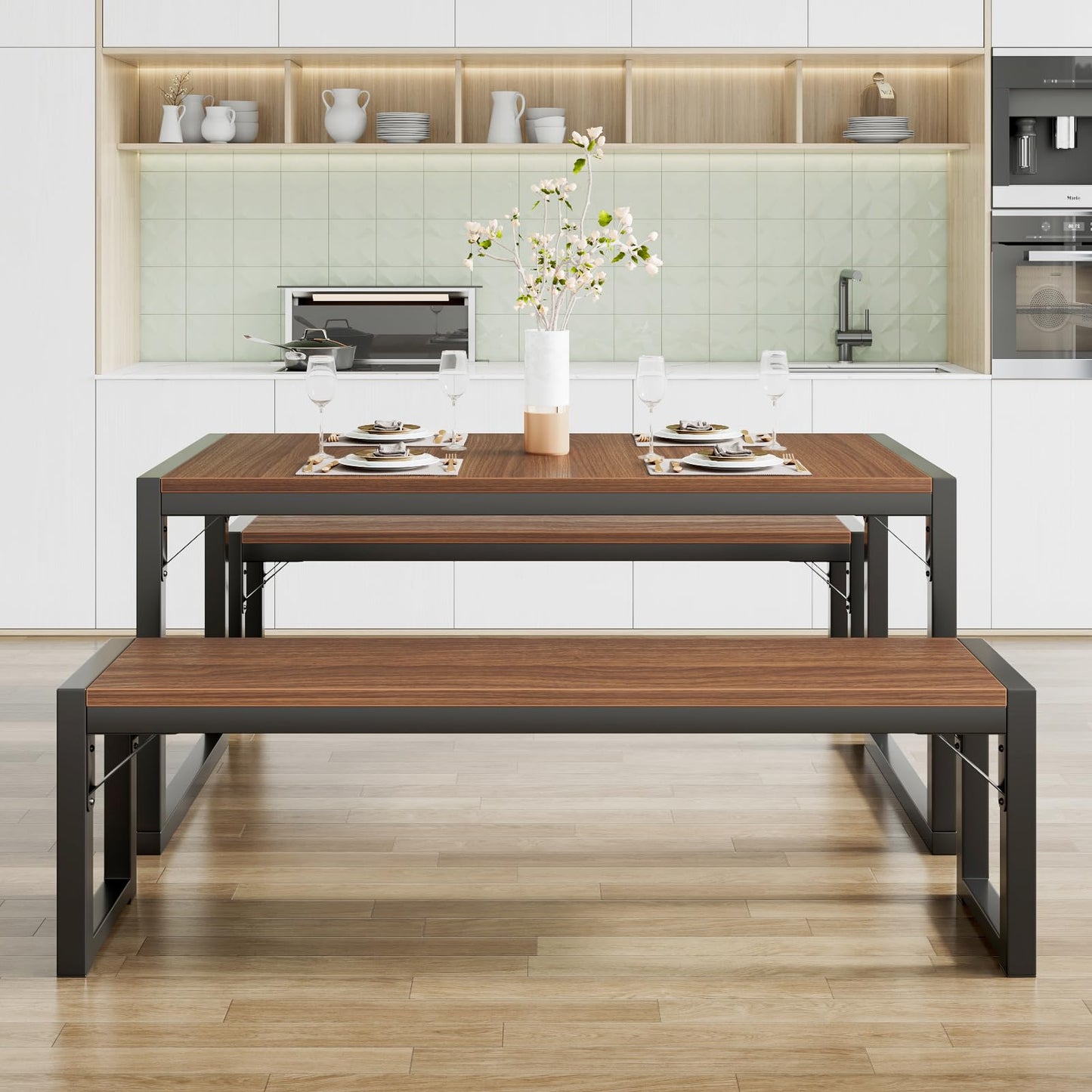 SHA CERLIN Kitchen Dining Table Set for 4 with Benches, Rustic Small Space Saving Dinette, Heavy Duty Metal Frame