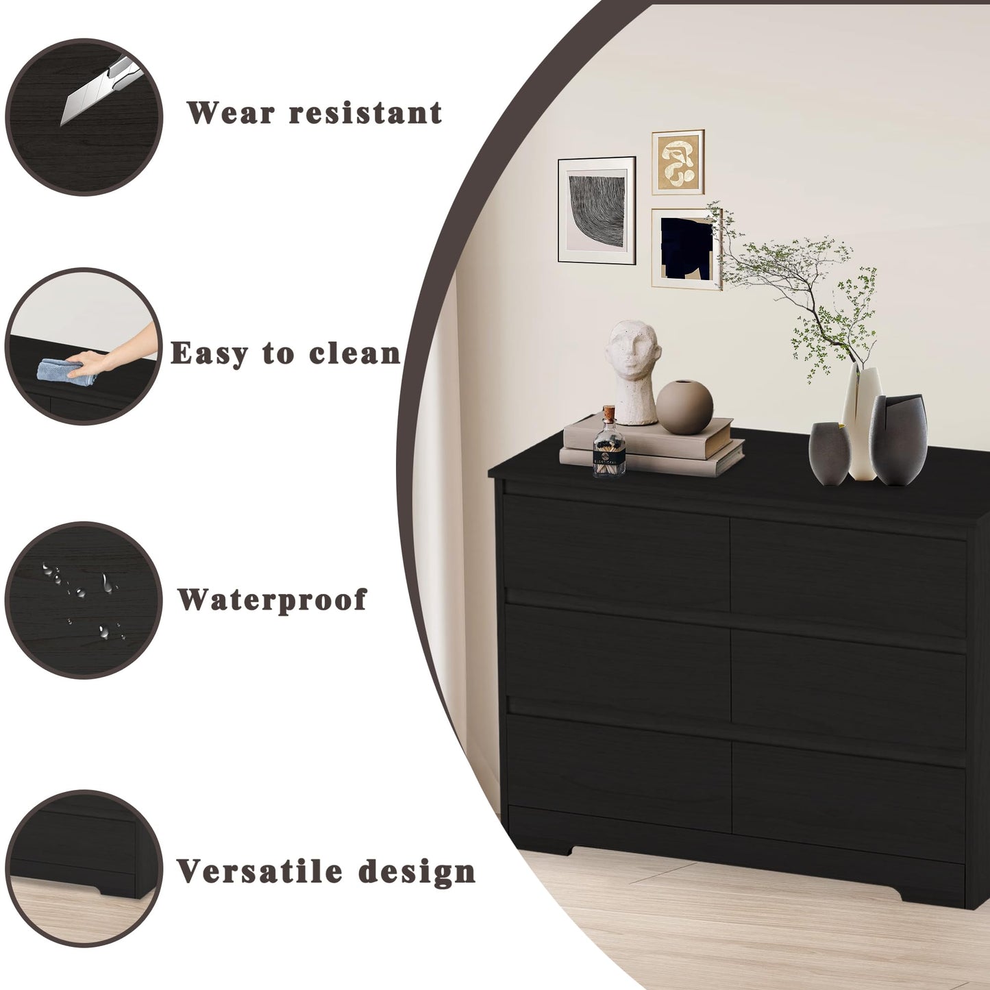 IBXFO Black 6 Drawer Dresser for Bedroom, Wide Modern Chest of Drawers No Handles, Wood Storage Cabinet for Living Room, Hallway, Entryway