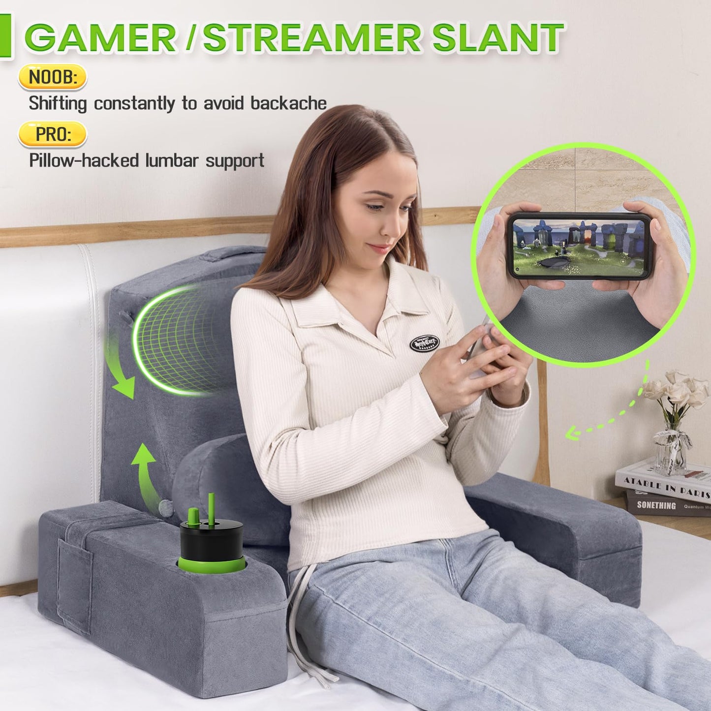 AS AWESLING Reading Pillow for Adults, Back Pillow for Bed Sitting Up, Backrest Pillow for Sitting in Bed, Detachable Arms with Built-in Cup & Phone Caddy (Gray, 21 INCH)