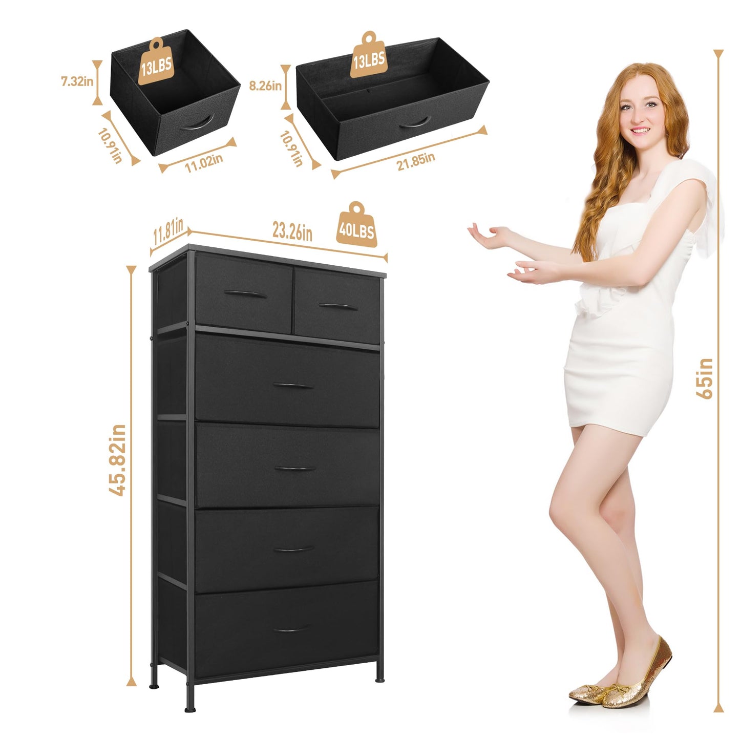 Mifuro Tall Dresser for Bedroom, Vertical Storage Organizer Tower with 6 Drawers, Chest of Drawers with Fabric Bins, Steel Frame, Wood Top for Bedroom, Closet, Entryway- Black