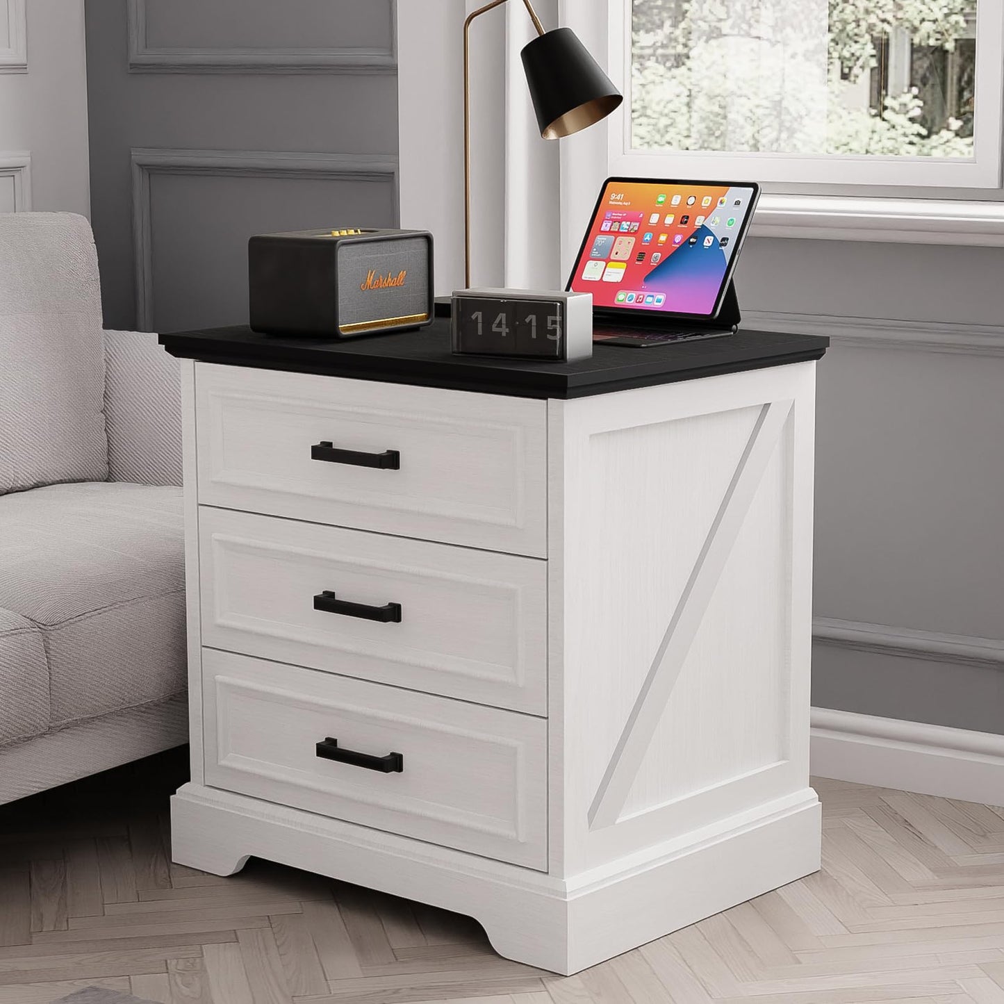 Farmhouse Bedside Nightstand with USB & Charging Station, 22” Wide Rustic Wood Nightstands with 3 Drawers – Small Dresser Chest for Bedroom, Living Room or Closet, Off White (1Pieces)