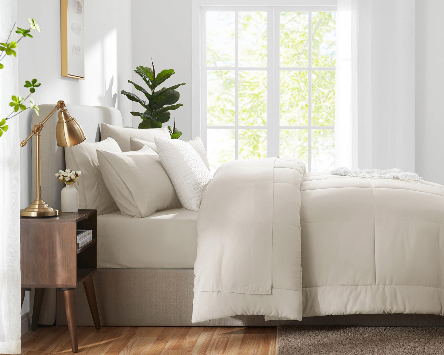 CozyLux Queen Comforter Set Beige, 7 Pieces Bed in a Bag, Beige Comforter Queen Size, All Season Bedding Sets with Stitch Quilted Comforter, Flat Sheet, Fitted Sheet, Pillowcases