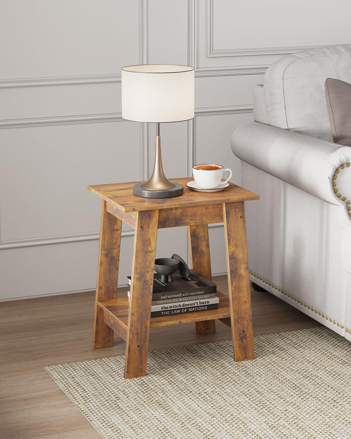 Garvee End Table, Set of 2, Side Table with 2-Tier Storage Shelf, Sofa Table for Small Space, Square Nightstand for Entryway, Farmhouse, Living Room, Easy Assembly, Rustic Brown