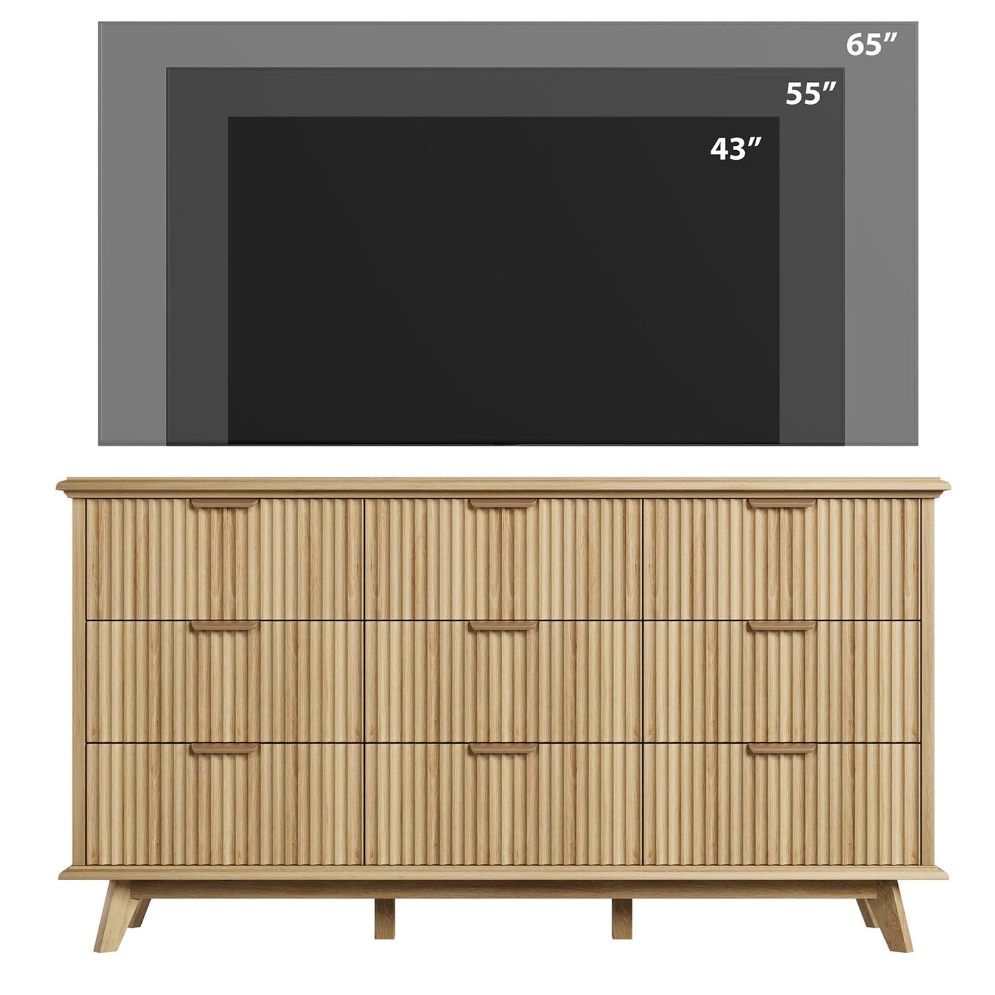 QUW Fluted 9 Drawers Dresser, 59.1" Wide Modern Chest of Drawers with Metal Handle, Large Dresser TV Stand, Wood Drawer Organizer for Bedroom, Living Room, Hallway, Dormitory, Natural Oak
