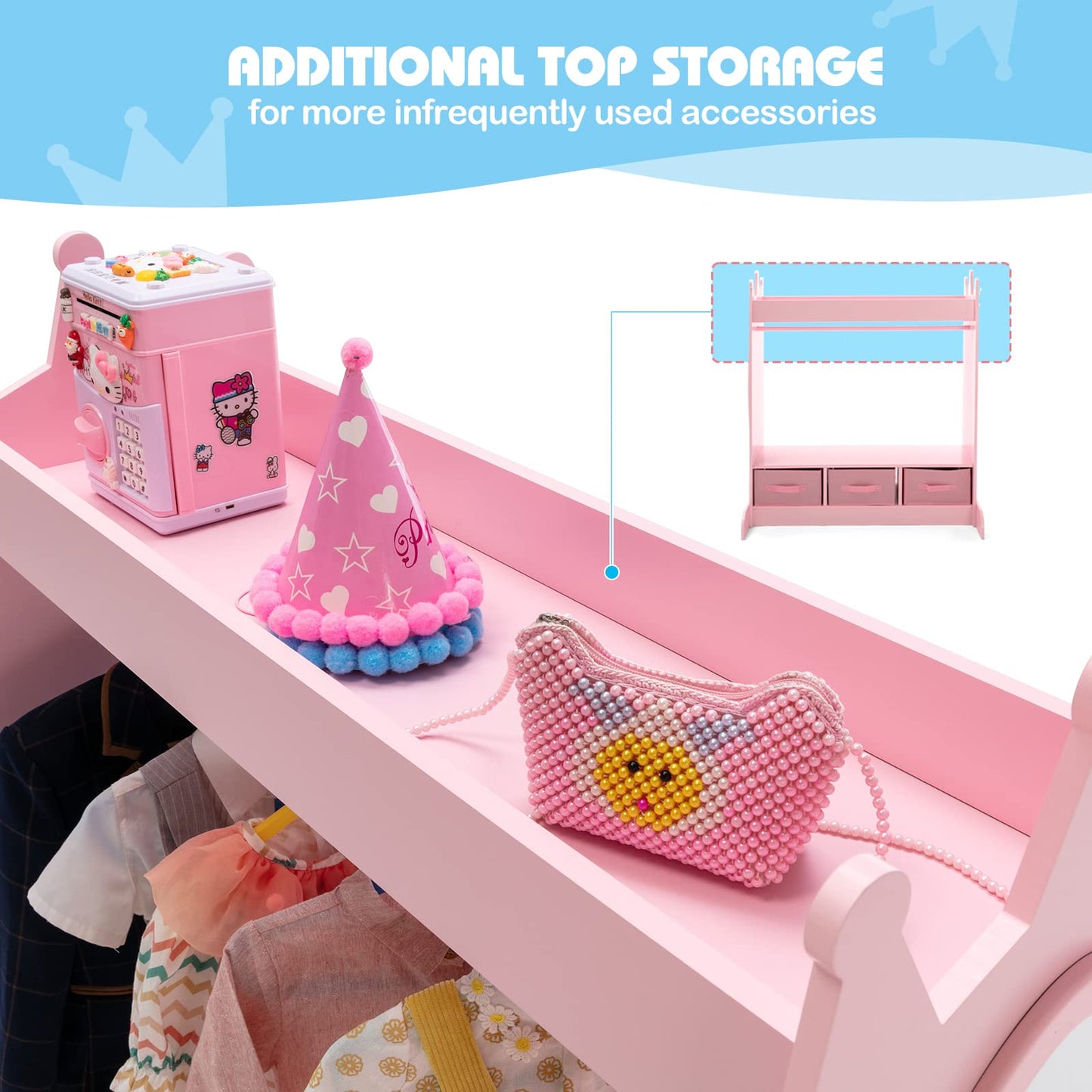 COSVALVE Kids Armoire Dress-Up Storage w/Mirror and Drawers,Dress up Closet,Costume Dress up Wardrobe, Pretend Storage Closet w/Side Pocket Top Shelf for Shoes,Lovely Pink for Girls Room