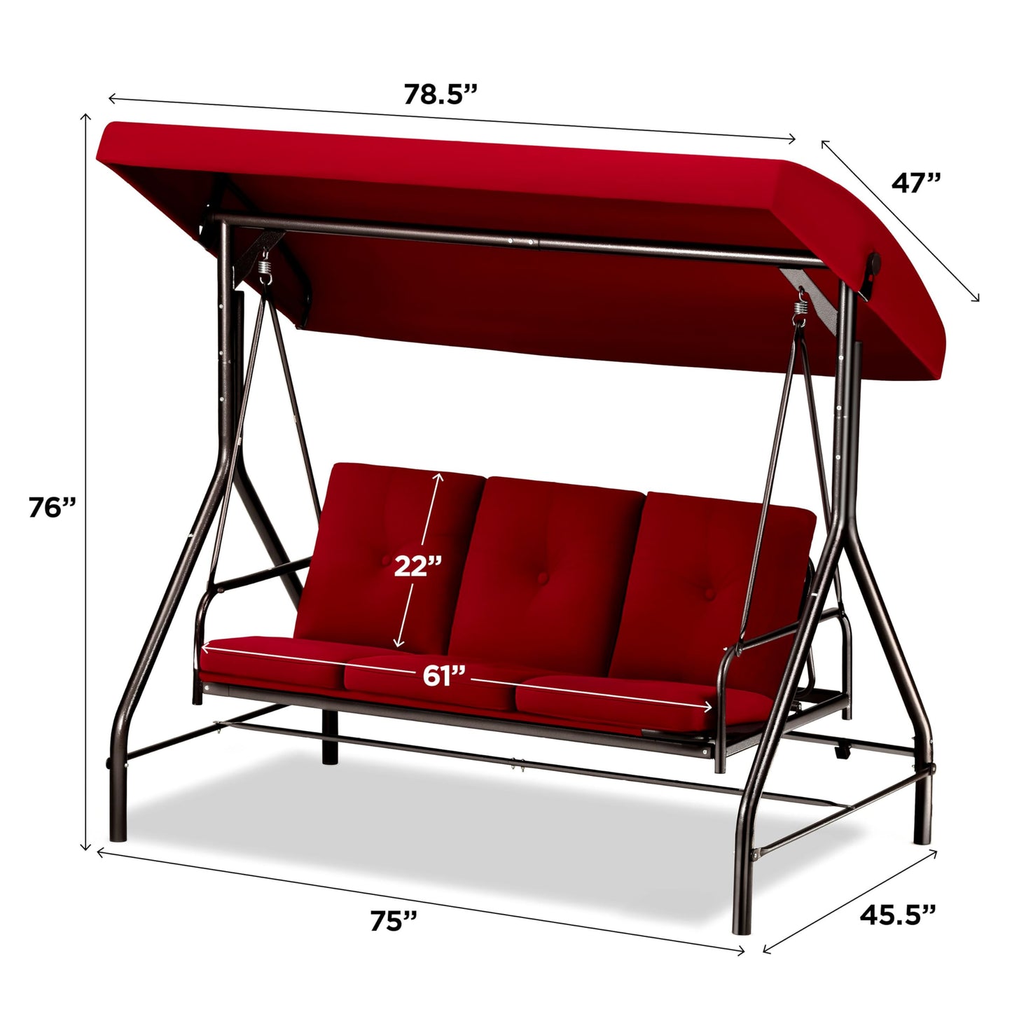 Porch Swing - 3-Seat Patio Outdoor Swing with Canopy for Adultes, Convertible Glider Bed, Thick Removable Cushions & Pillows for Backyard, Porch, Garden - Burgundy