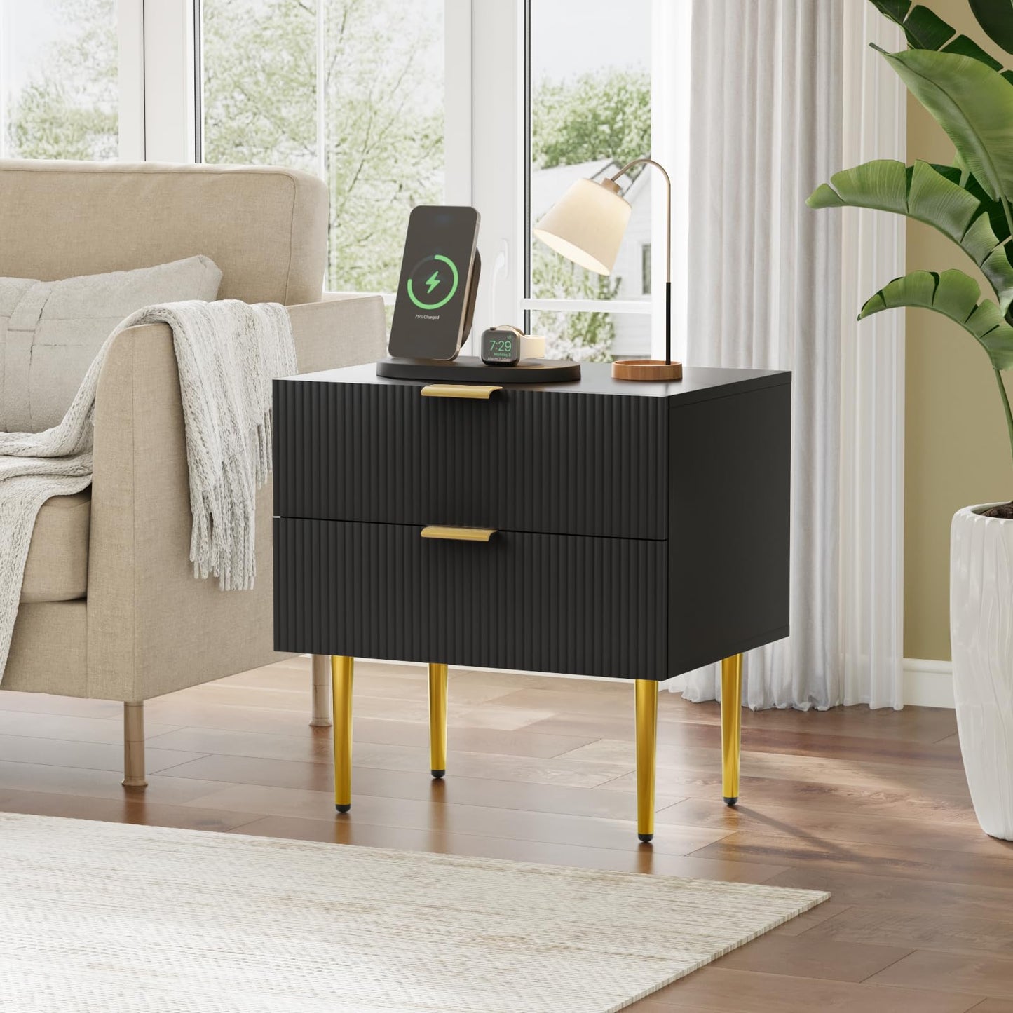 Algherohein Black Nightstand for Bedroom, Fluted Night Stand, End Table for Living Room, Mid Century Modern Bedside Table with Drawers, Bed Side Table with Gold Metal Legs, Bedroom Furniture Stripe