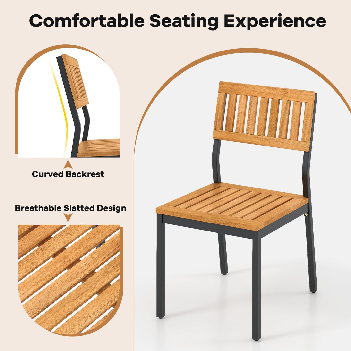 Tangkula Patio Dining Chair Set of 2, Outdoor Armless Chairs w/Metal and Acacia Wood Frame, All-Weather Bistro Chairs, for Indoor Lawn Backyard Patio Garden Deck Balcony