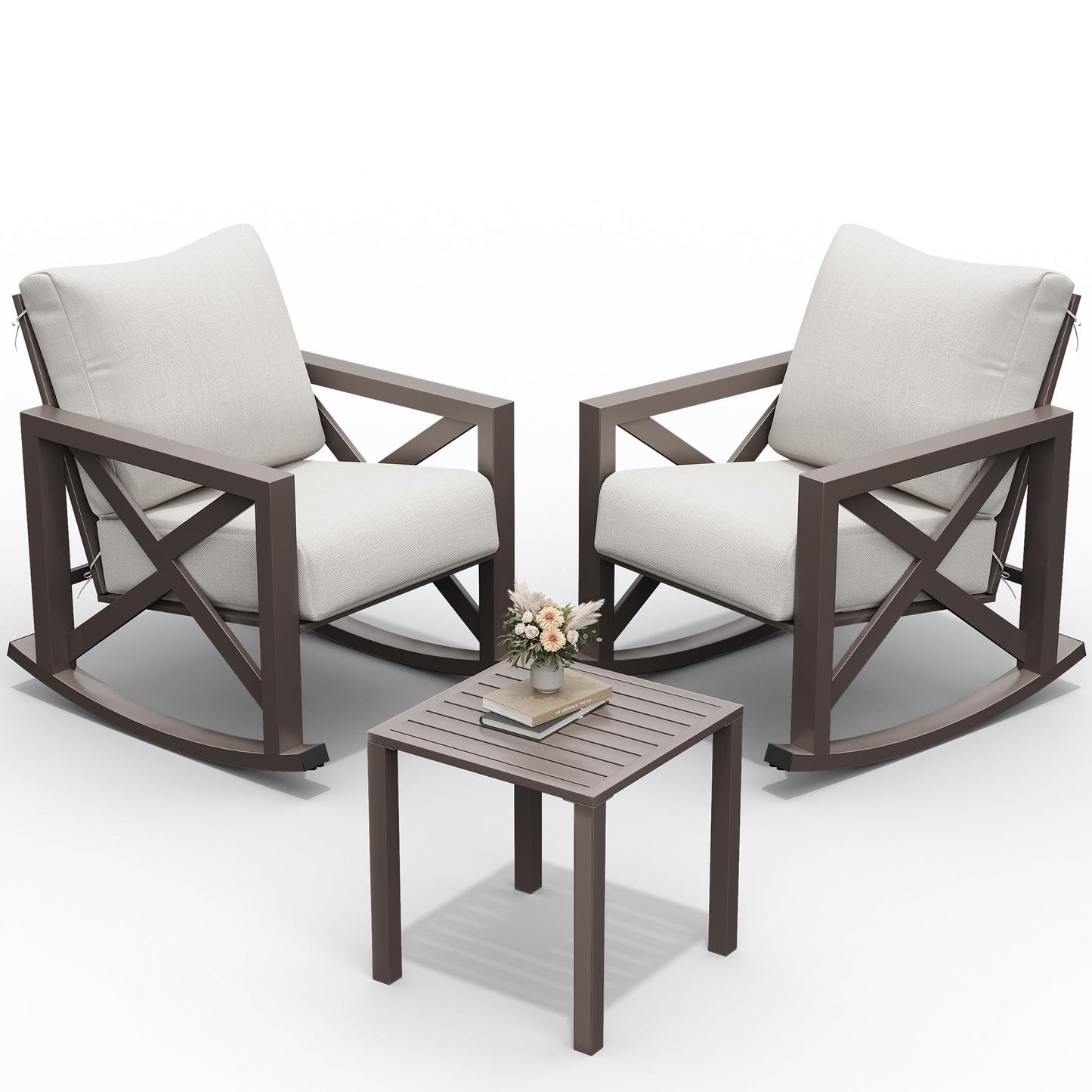 UDPATIO Rocking Chair Outdoor Set 2 with Coffee Table, 3 Piece Metal Rocking Bistro Set with 6.5" Water-Resistant Cushions, Oversized, 350lbs Heavy-Duty, for Porch, Patio, Balcony, Beige