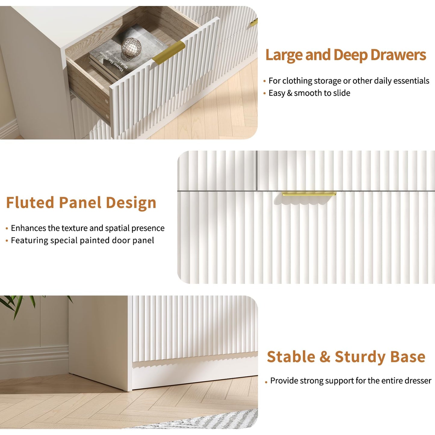NOVAMAISON White Dresser with 7 Drawer - 55” Wide Fluted Dresser for Bedroom with Metal Handle, Modern Chest of Drawer for Bedroom, Closet, Living Room, White