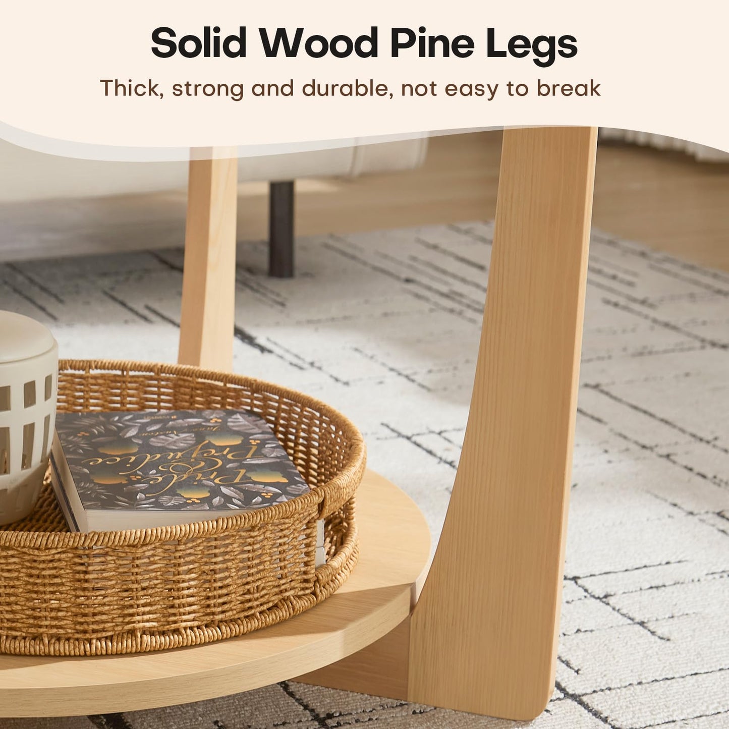 BECHAEO 31.5'' Round Coffee Table with Solid Wood Pine Legs, 2-Tier Retro Round Coffee Table with Storage Shelf, Small Modern Wood Circle Coffee Table Boho Round Center Table for Living Room (Natural)