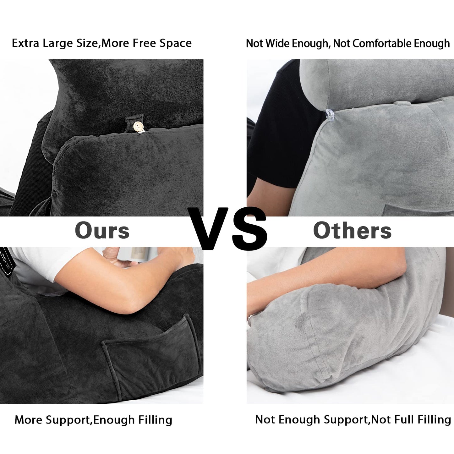 Reading Pillow-Extra Large 31" Bed Rest Pillow with Detachable Neck Roll & Arms for Sitting in Bed or Couch-Backrest Reading Pillow Adult Back Pillows for Reading,Watching TV,Gaming,Relaxing-Black