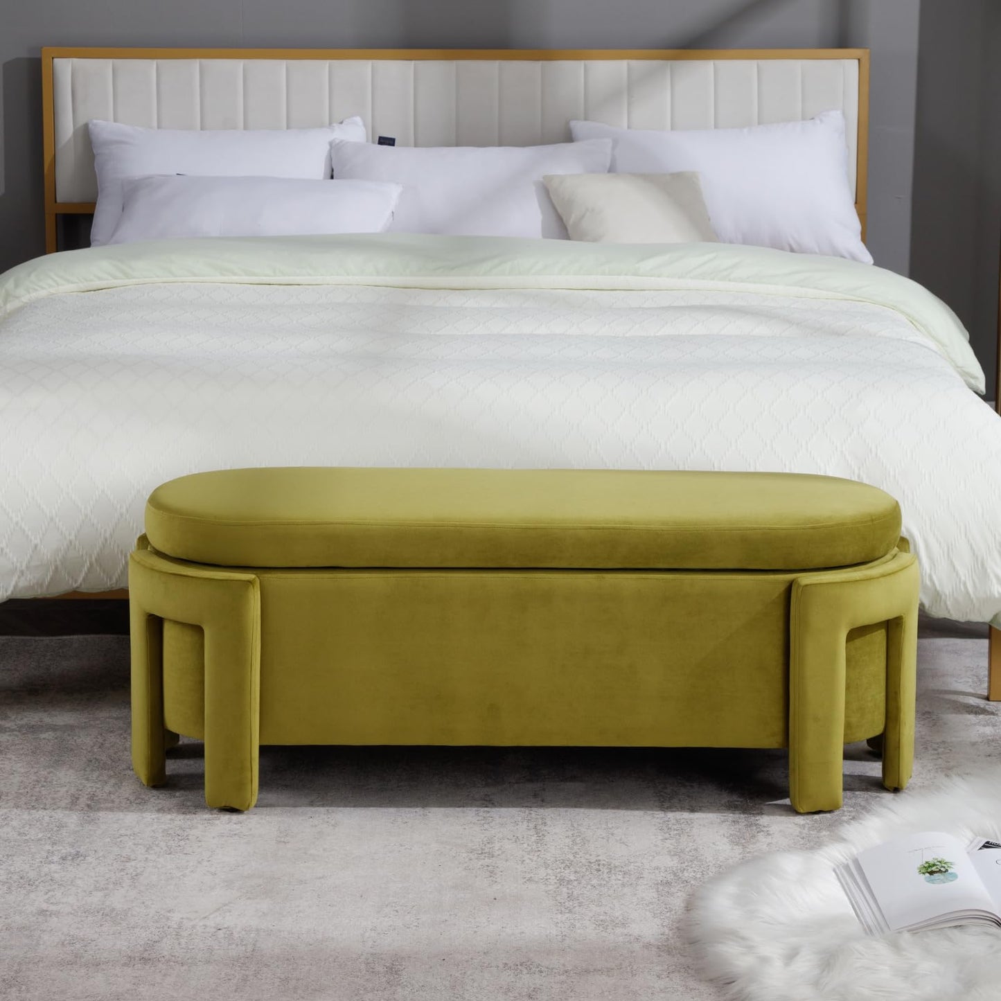 Janoray Modern Upholstered Storage Bench, Velvet Fabric 50" Long Entryway Bench with Storage and Seating, Comfy Cute Ottoman Bench for Living Room/End of Bed/Hallway, Olive Green