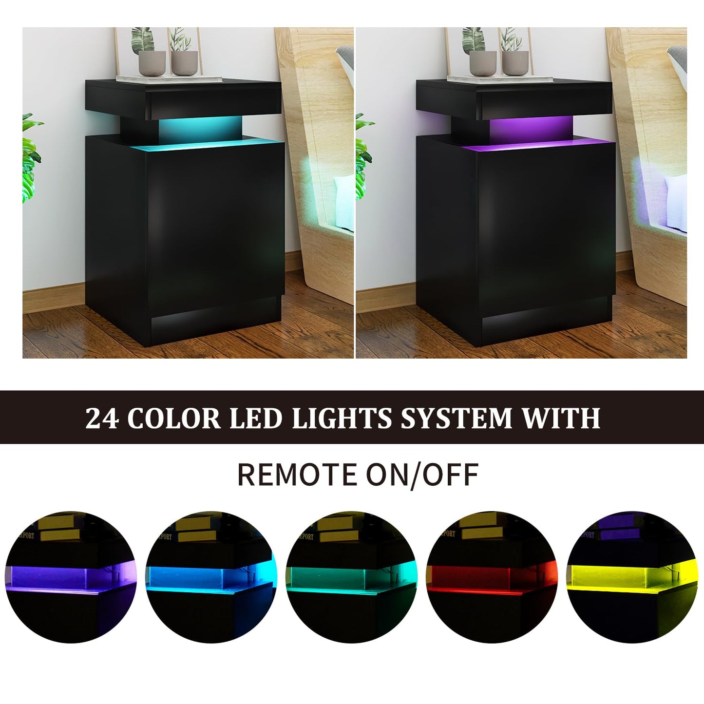 oneinmil Nightstand Set of 2 with LED Lights,Night Stand with Storage Cabinet for Bedroom,Bedside Table with LED, Black