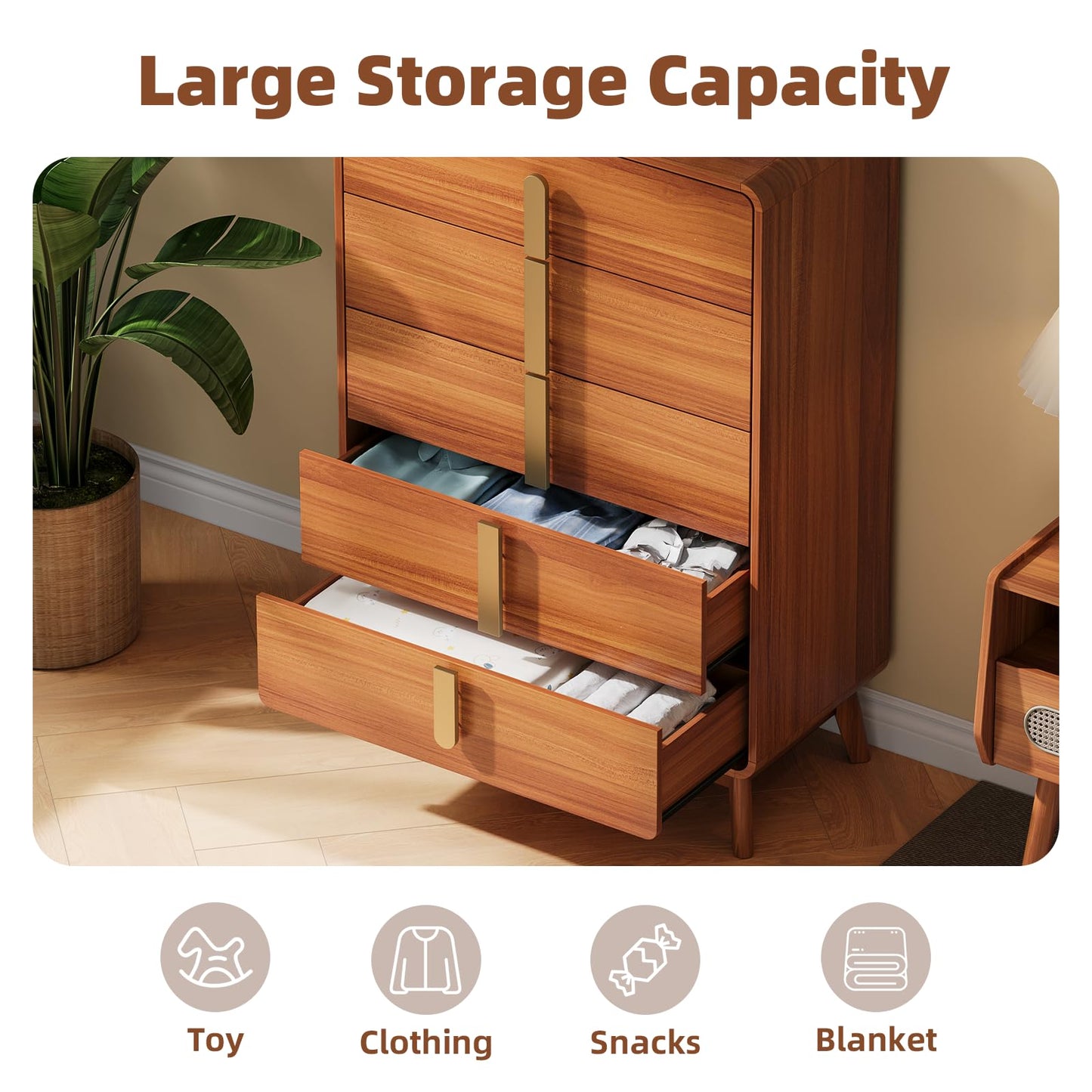 JOINICE,5 Drawer Dresser,Mid Century Modern Dresser with Storage,Tall Modern Chest of Drawers with Metal Handles,Large Wood Drawer Organizer for Bedroom,Living Room,Hallway,Cherry