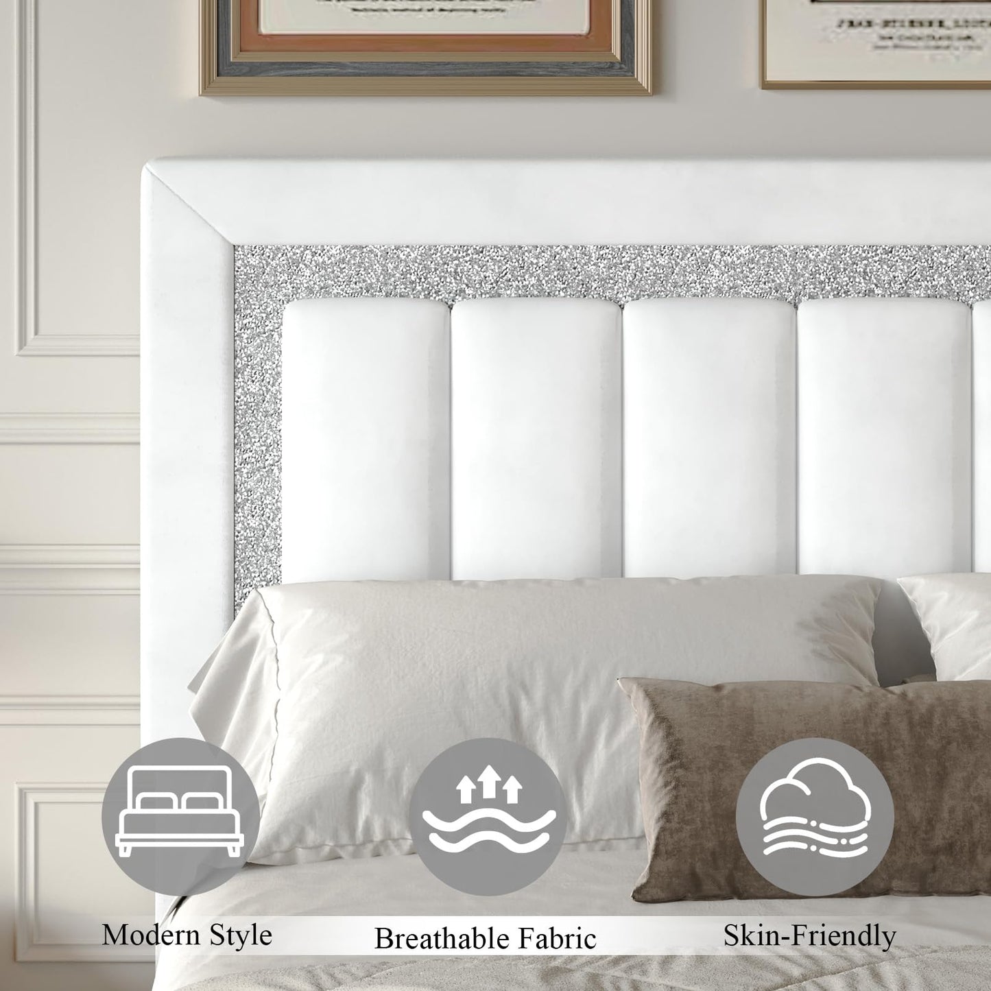 HOMBCK Queen Bed Frame, Upholstered Platform Bed with Headboard and Footboard, Bed Queen Size with Diamond Design and Wooden Slats Support, No Box Spring Needed, Easy Assembly, White
